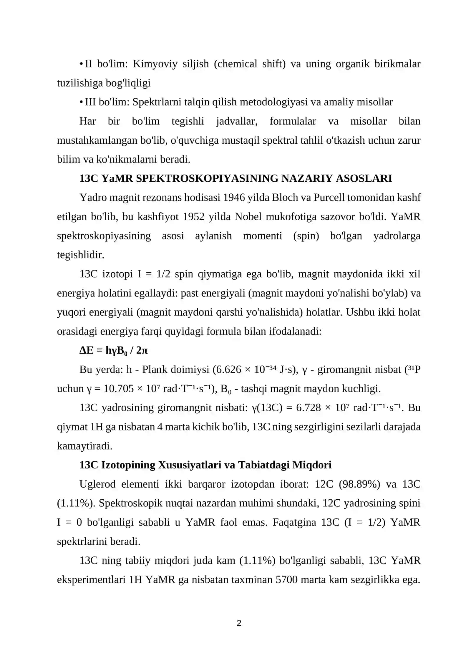 13C YaMR spektrlari asosida organik birikmalar tuzilishini tahlil qilish. 2
