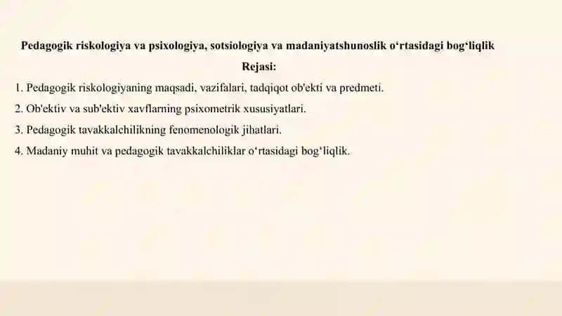 Pedagogik riskologiya va psixologiya, sotsiologiya va madaniyatshunoslik o‘rtasidagi bog‘liqlik 2