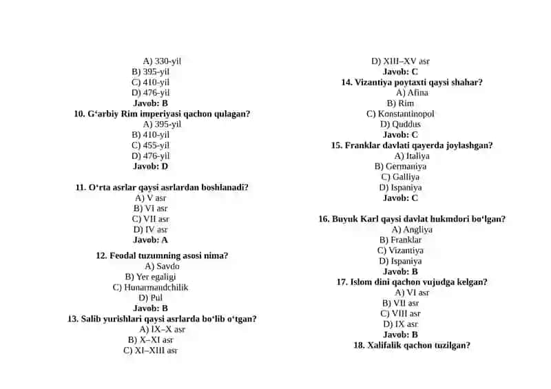 JAHON TARIXI TESTLARI (120 ta) 2