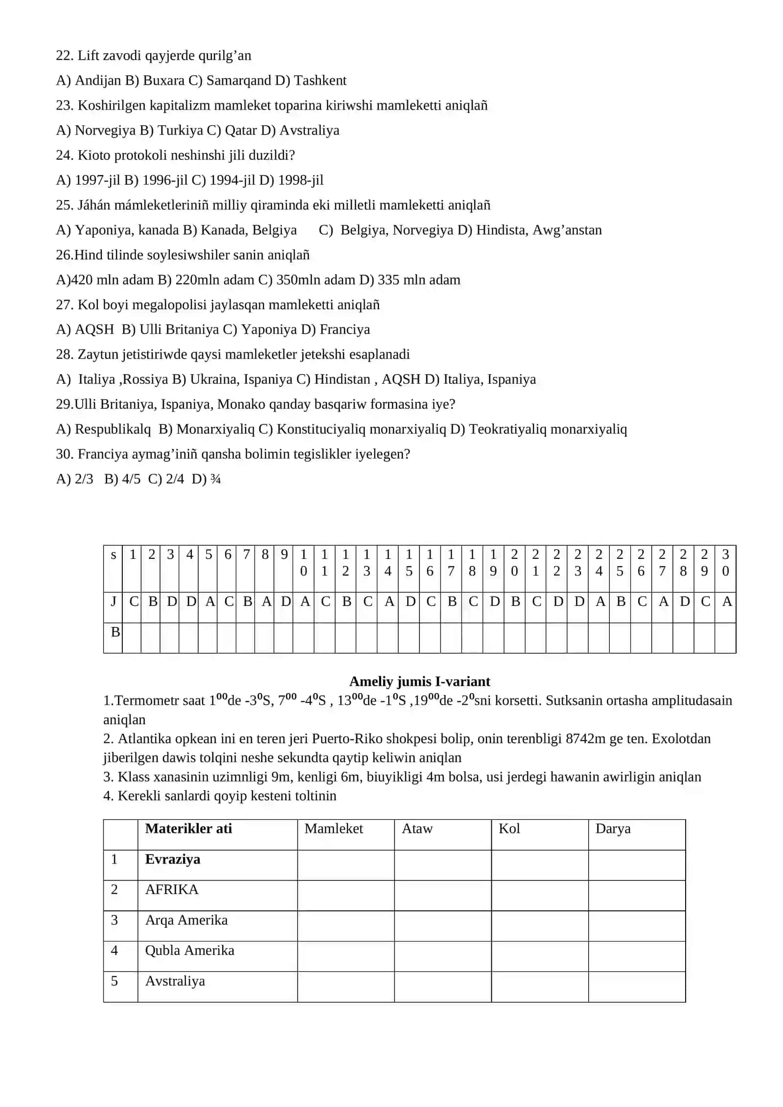 9- klasslar ushın Geografiya páninen test sorawlari 2