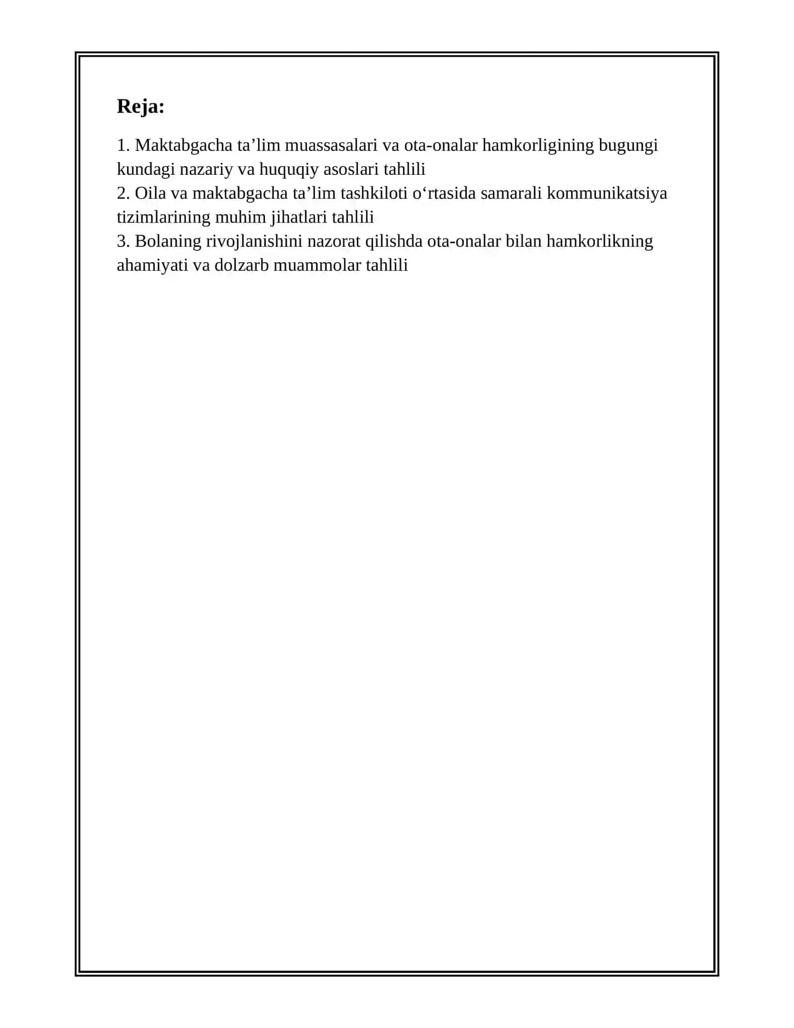 MAKTABGACHA TA'LIM TASHKILOTI VA OILA HAMKORLIGINING BUGUNGI KUNDAGI MUHIM JIHATLARI TAHLILI REFERAT 2