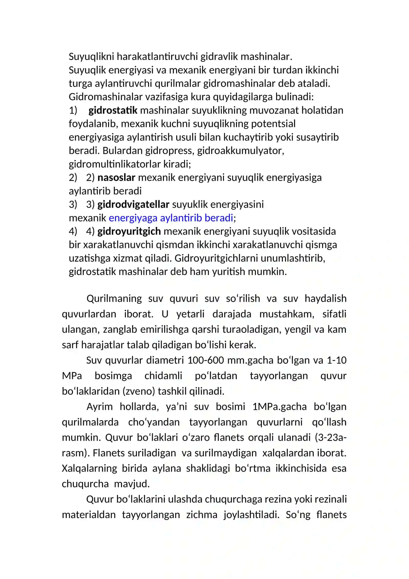 Suyuqlikni harakatlantiruvchi gidravlik mashinalar to’g’risida umumiy ma’lumotlar 2