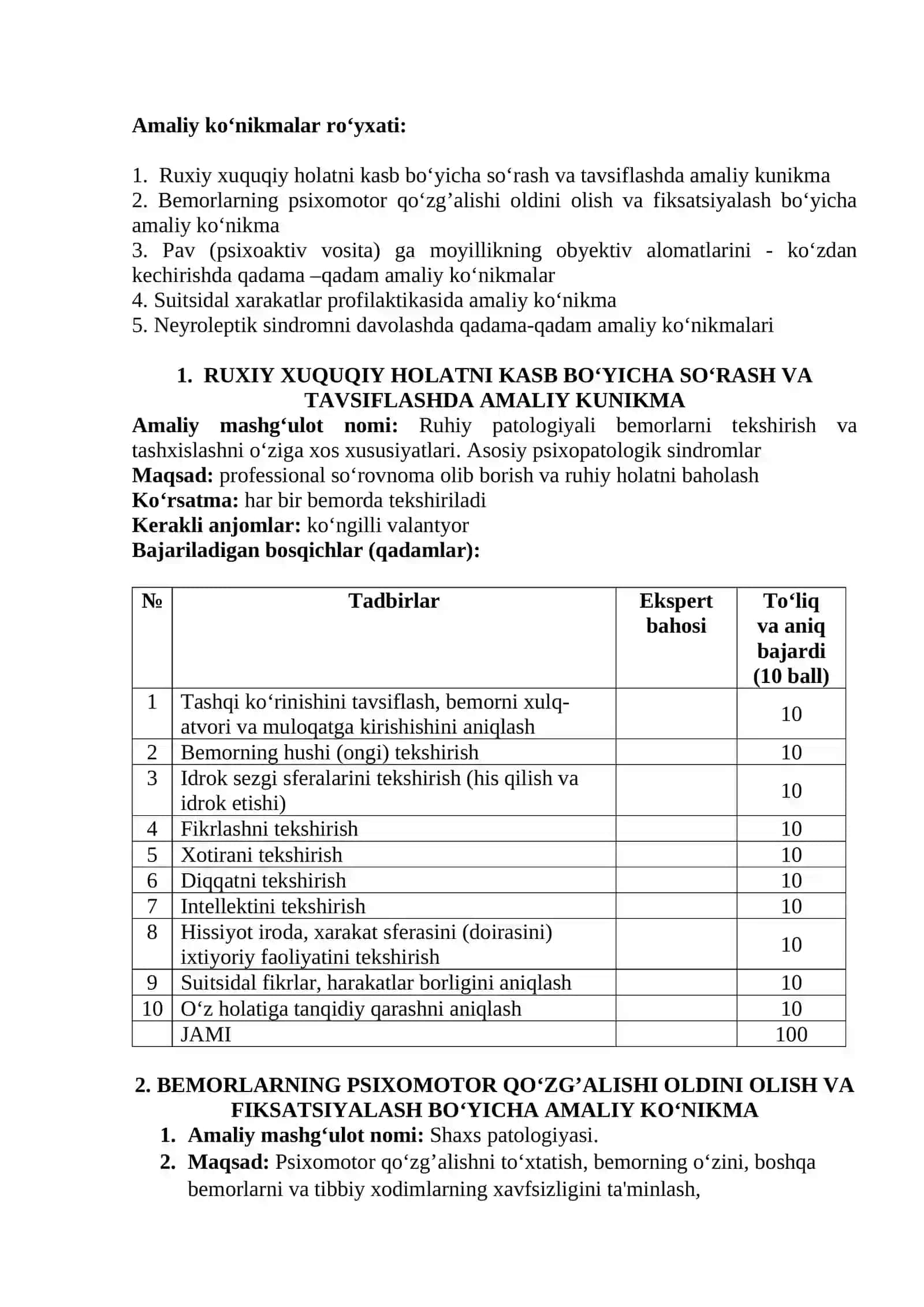 PSIXIАTRIYA VА NАRKOLOGIYA FANI BO‘YICHA AMALIY KO‘NIKMALARNI BAJARISH ALGORITMI 2