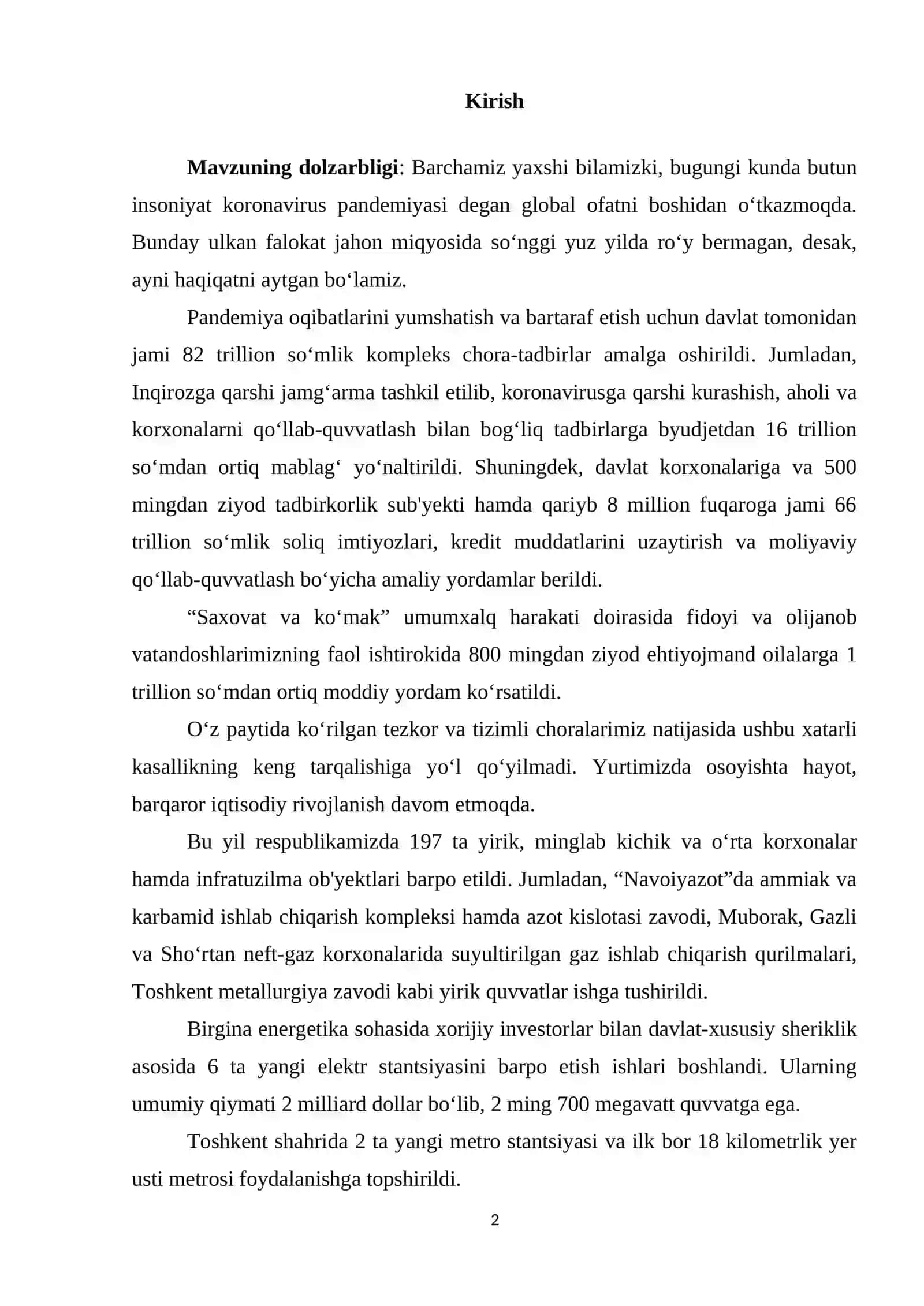 Pandemiya oqibatlari va jami 82 trillion so‘mlik kompleks chora-tadbirlar 2