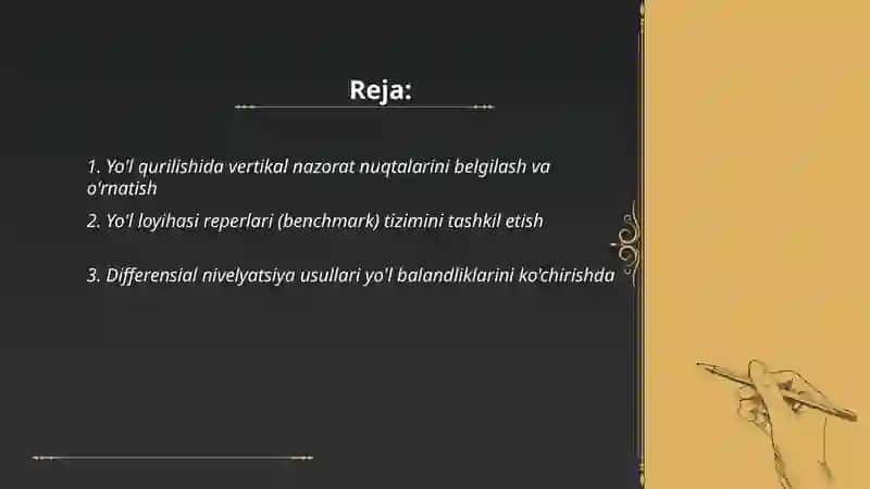 Yo'l qurilishida vertikal nazorat nuqtalarini belgilash va o'rnatish 2