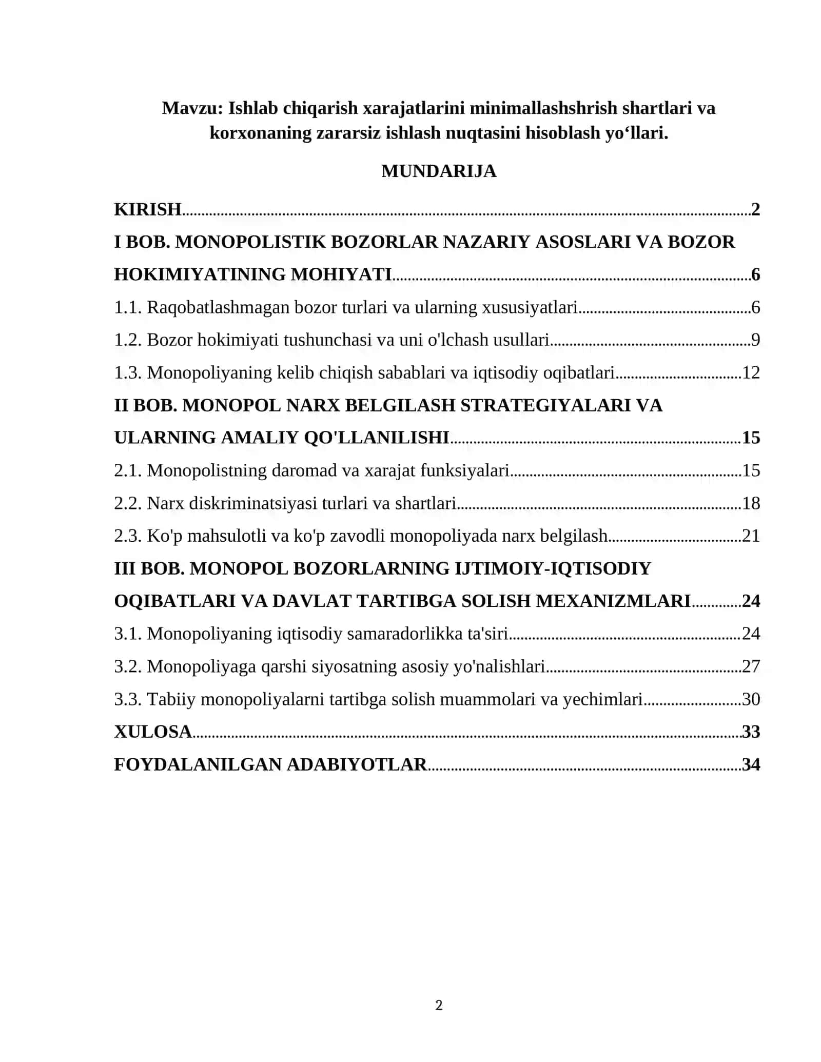Ishlab chiqarish xarajatlarini minimallashshrish shartlari va korxonaning zararsiz ishlash nuqtasini hisoblash yo‘llari 2