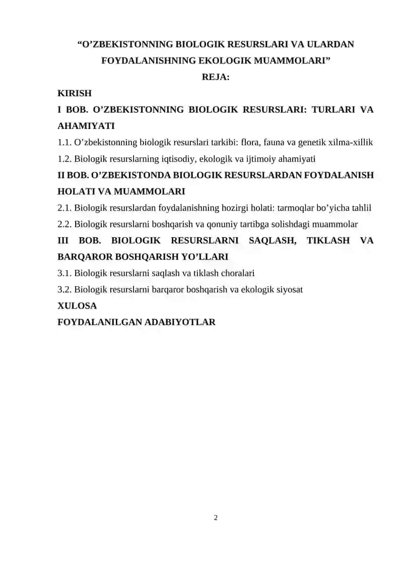 O'zbekistonning Biologik Resurslari va Ulardan Foydalanishning Ekologik Muammolari 2