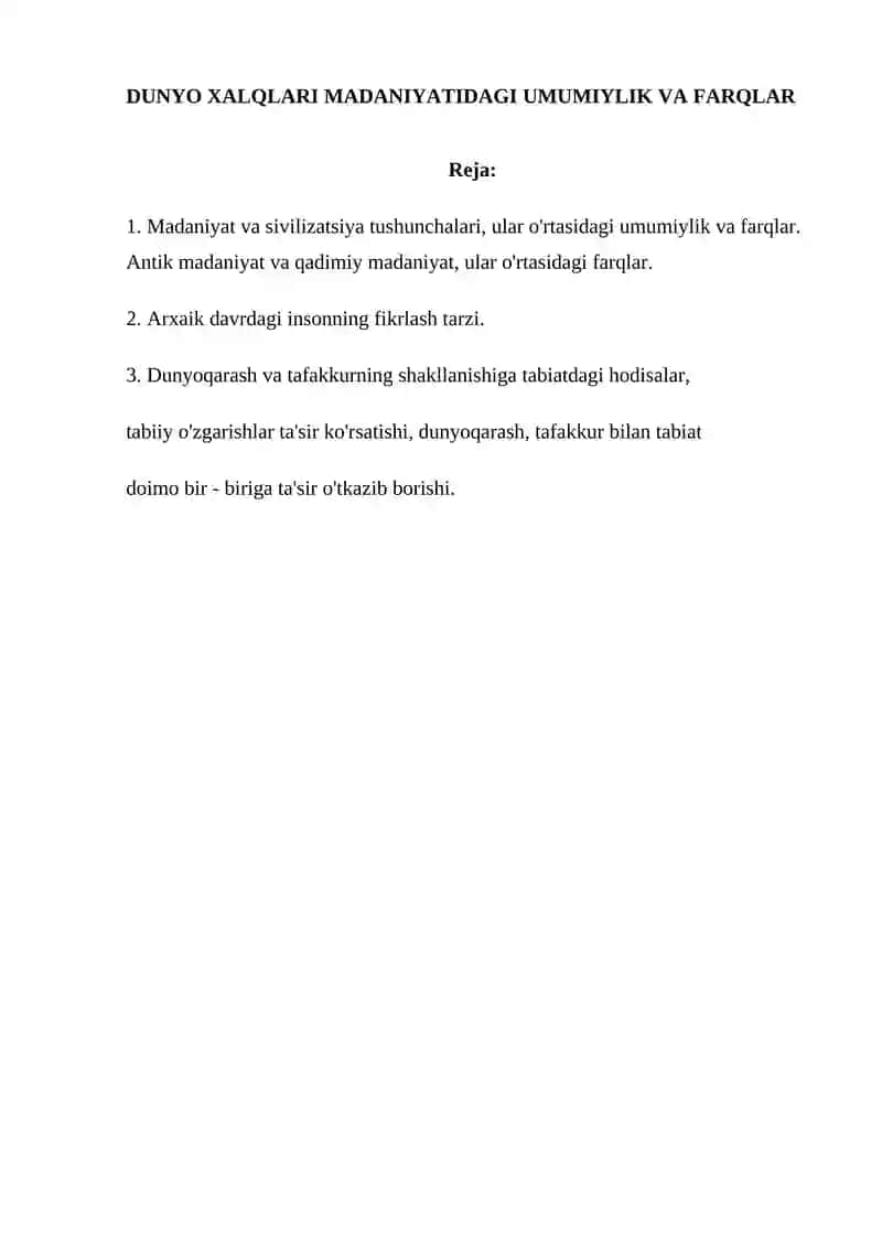 DUNYO XALQLARI MADANIYATIDAGI UMUMIYLIK VA FARQLAR 2