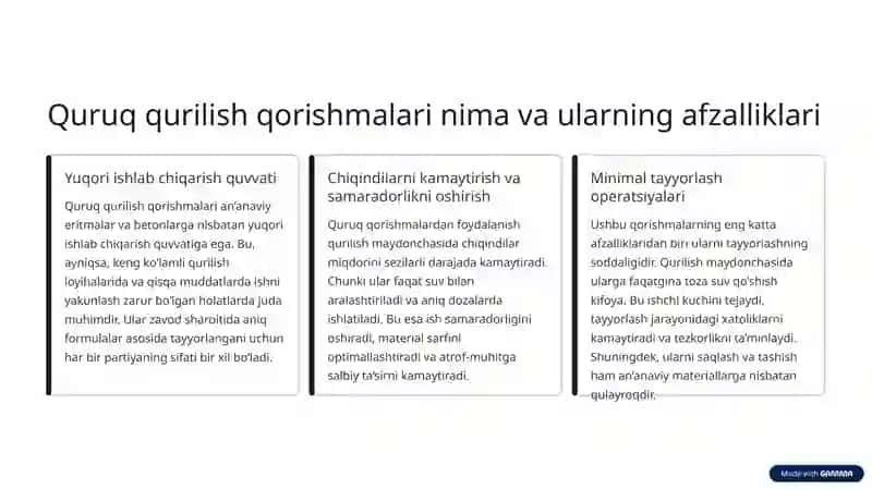 Quruq qurilish qorishmalari, klassifikatsiyasi va innovatsion texnologiyalar 2