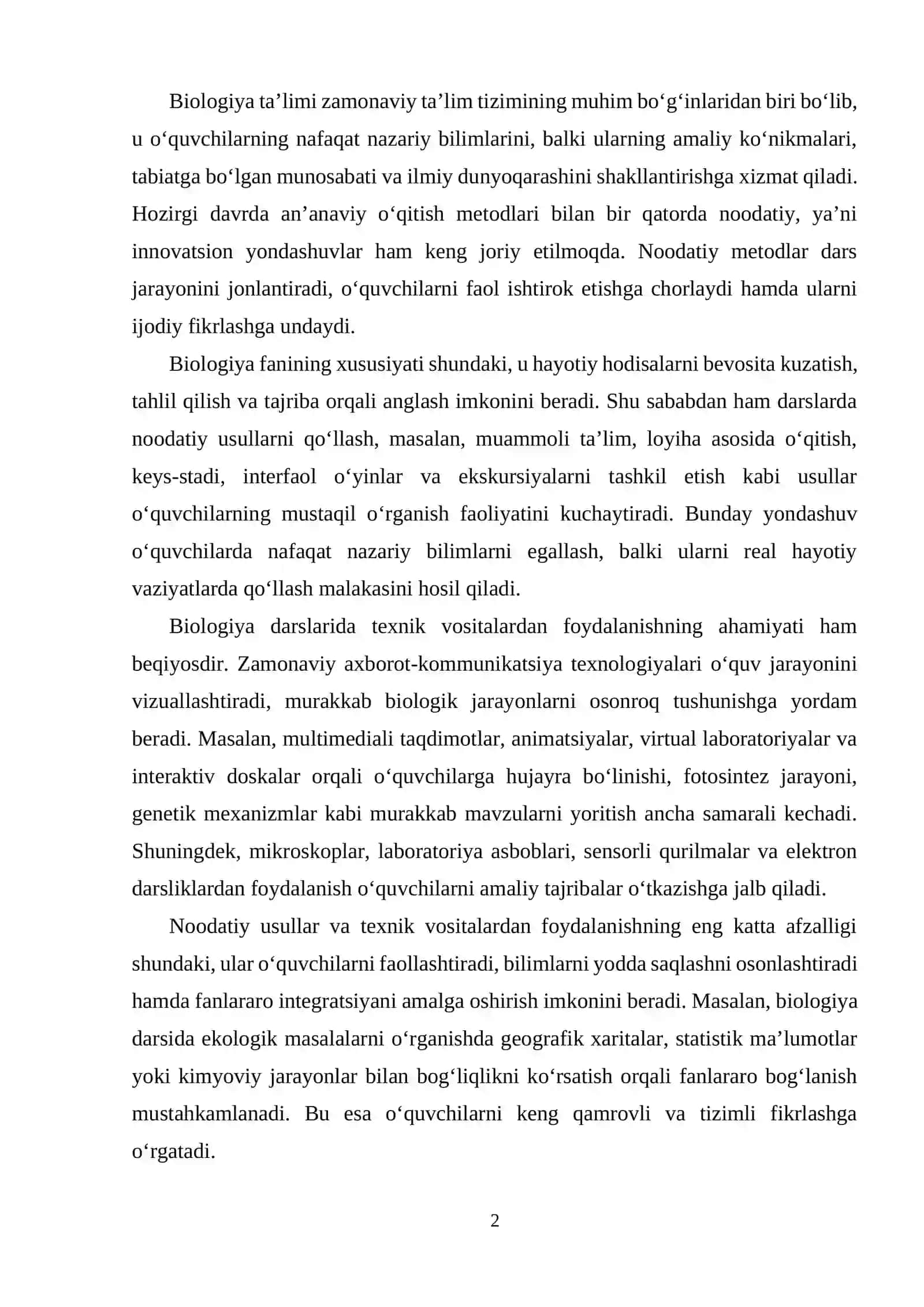 Biologiya darslarida noodatiy usullarini qoʻllash metodologiyasi,texnik uskunalardan foydalanish 2