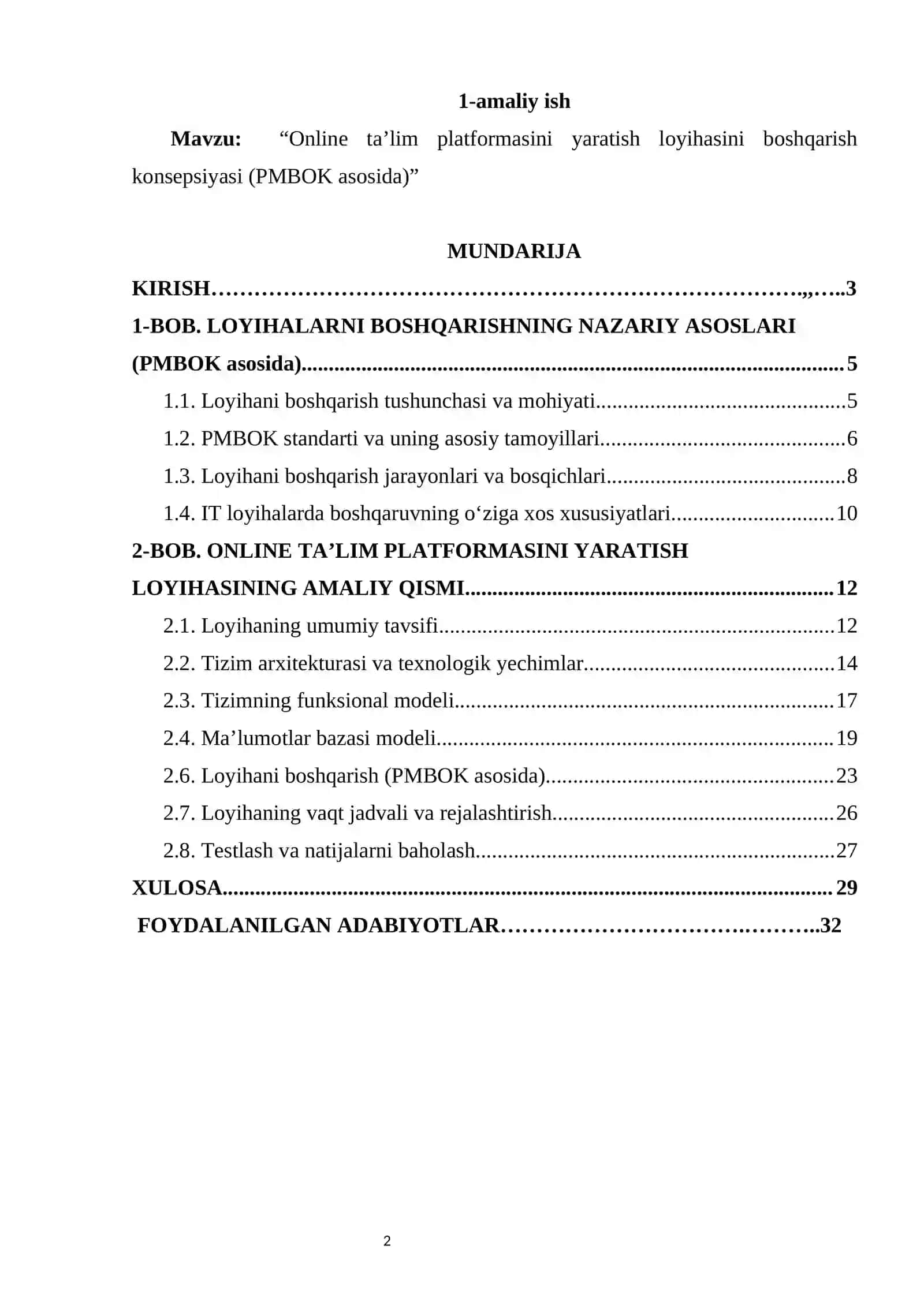 “Online ta’lim platformasini yaratish loyihasini boshqarish konsepsiyasi (PMBOK asosida)” 2