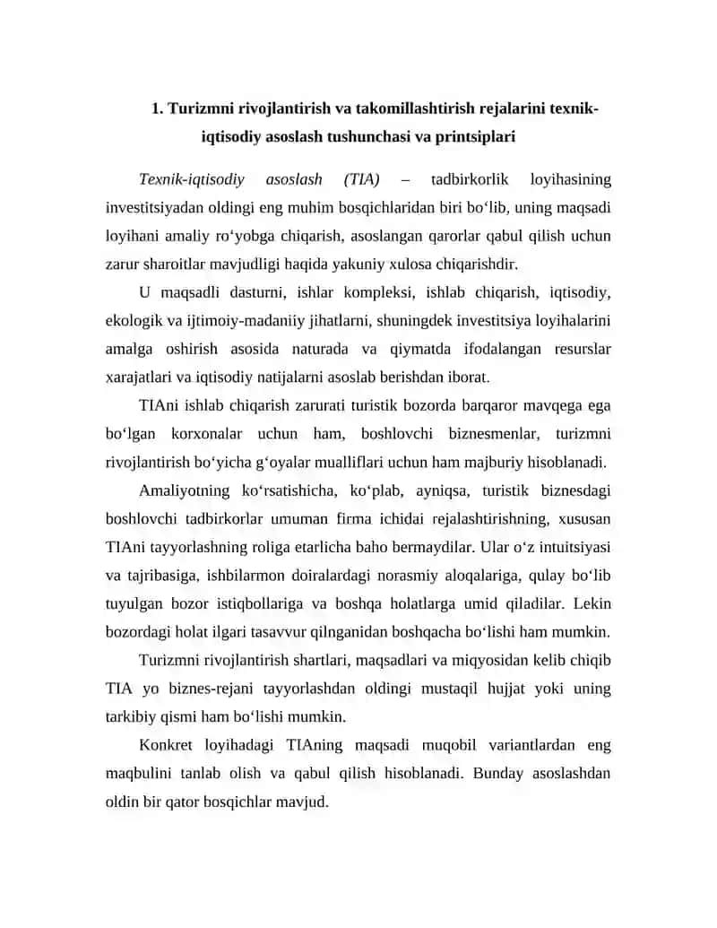 Turizmni rivojlantirish va takomillashtirish rejasi 2
