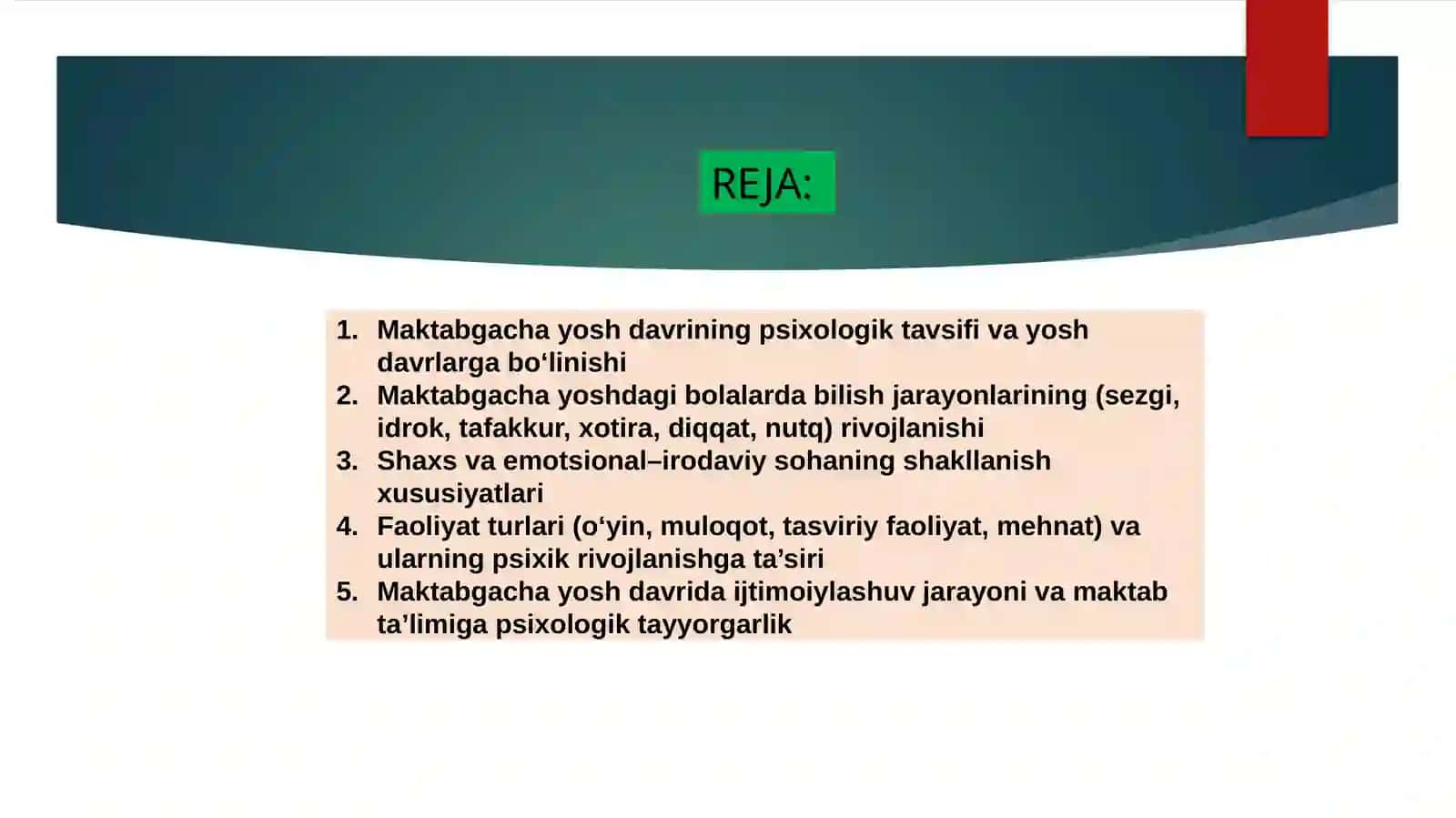 Maktabgacha tarbiya yosh davridagi bolalarning psixik rivojlanishi xususiyatlari mavzusida tattor taqdimot 2