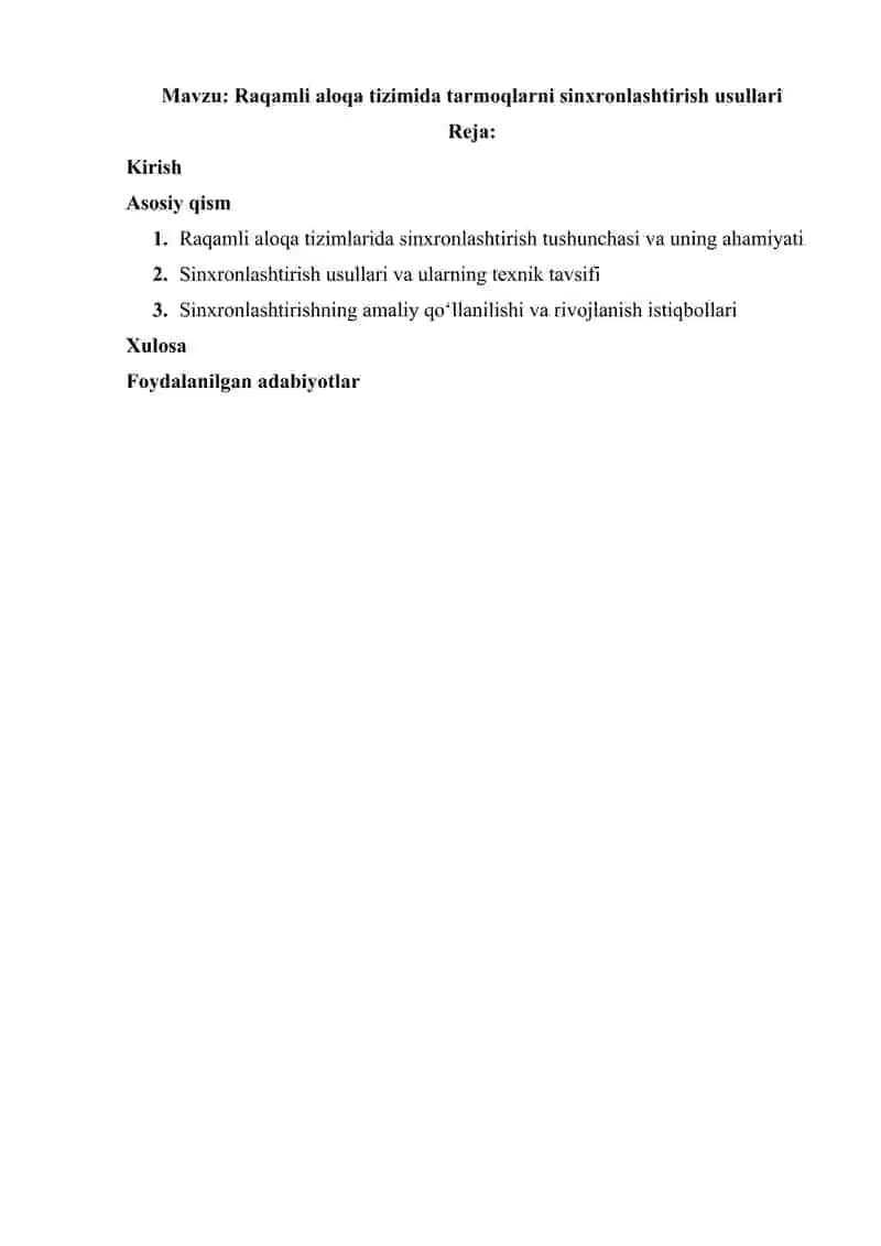 Raqamli aloqa tizimida tarmoqlarni sinxronlashtirish usullari 2