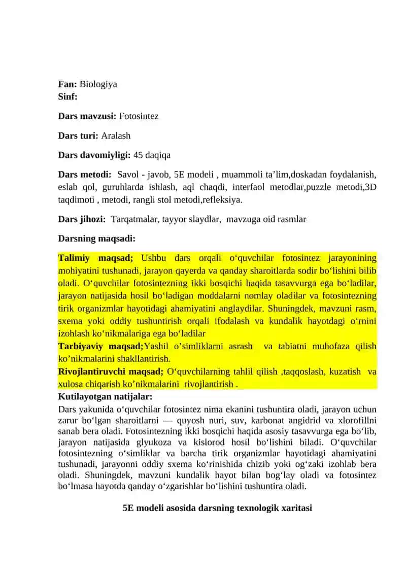 FOTOSINTEZ dars ishlanma 2