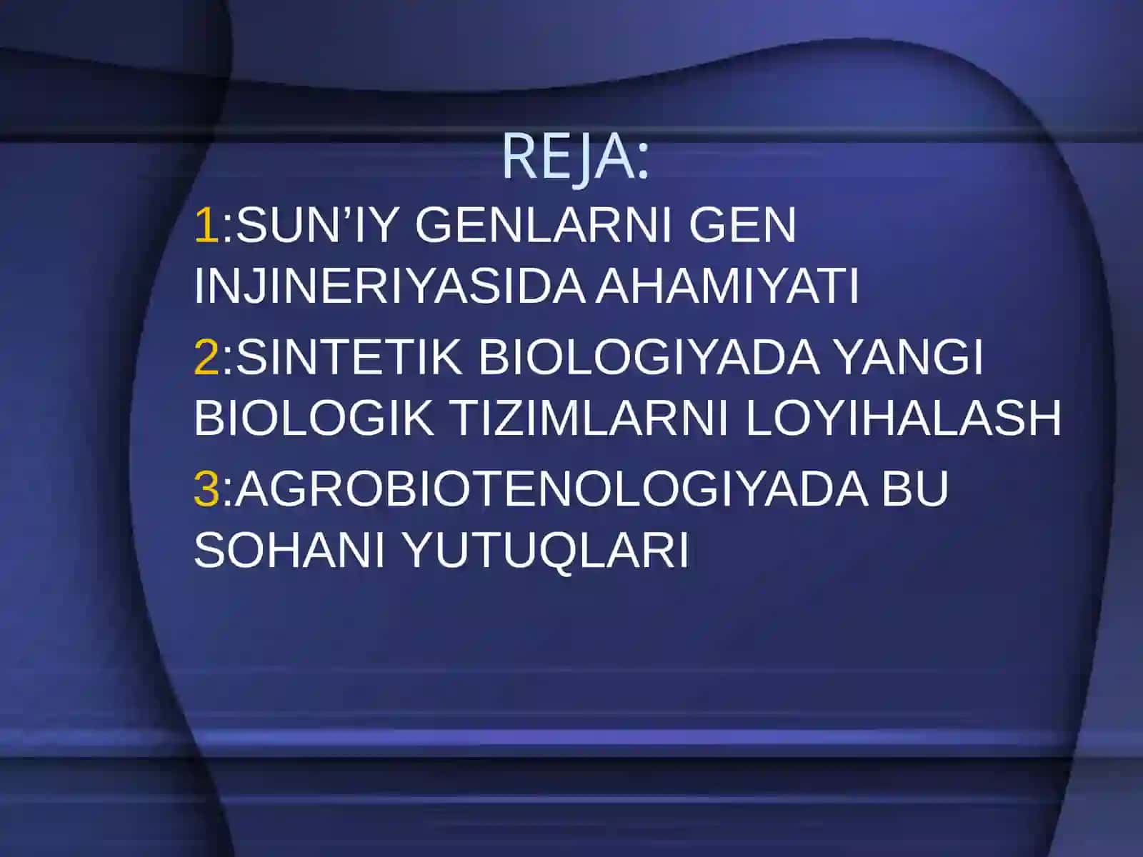 AGROBIOTEXNOLOGIYA FANIDAN TAYYORLAGAN MUSTAQIL ISH TQDIMOTI:SUN’IY GENLAR VA SINTETIK BIOLOGIYA 2