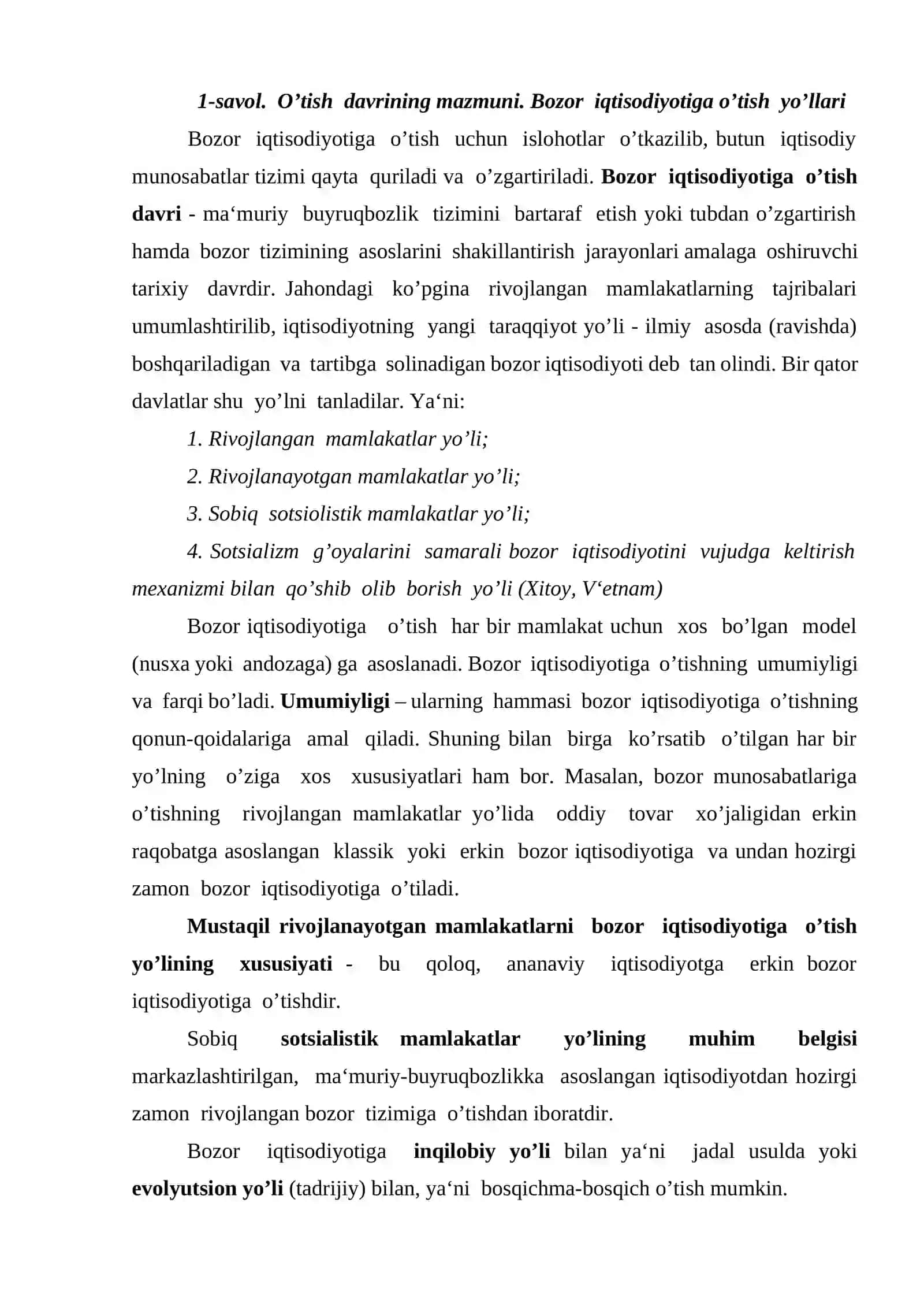 Bozor iqtisodiyotiga o’tish davri va uning o’zbekistondagi xususiyatlari 2