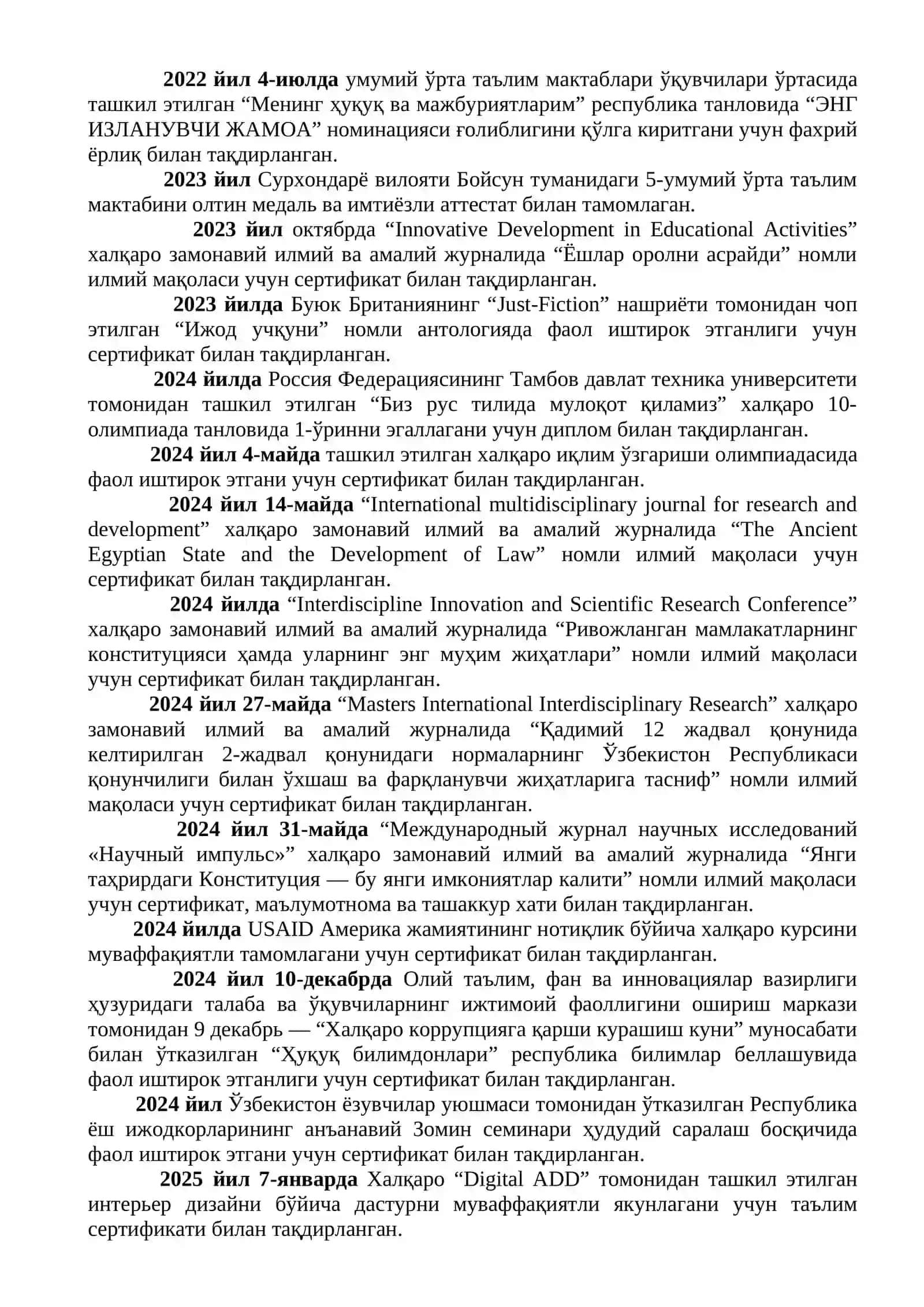 ЗУЛФИЯ НОМИДАГИ ДАВЛАТ МУКОФОТИГА НОМЗОД (Таълим йўналиши) 2