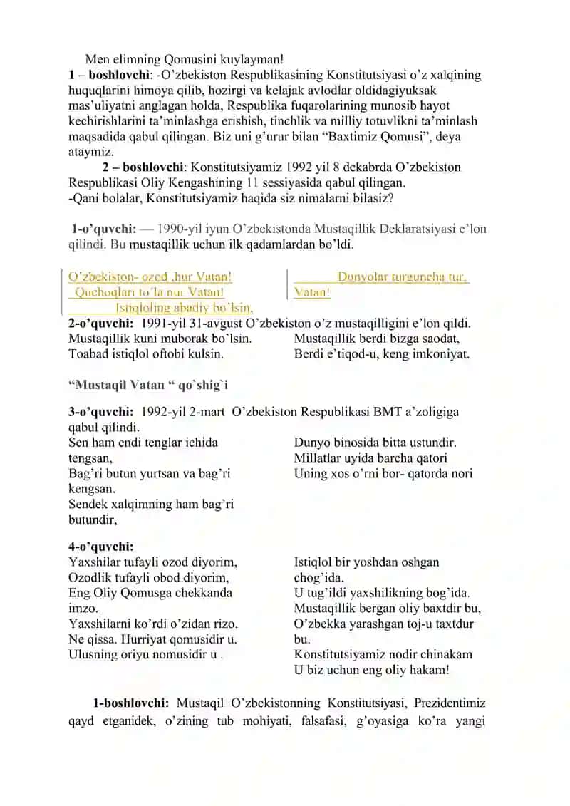 8-dekabr O'zbekiston Respublikasi konstitutsiya kuni tadbir senariysi 2