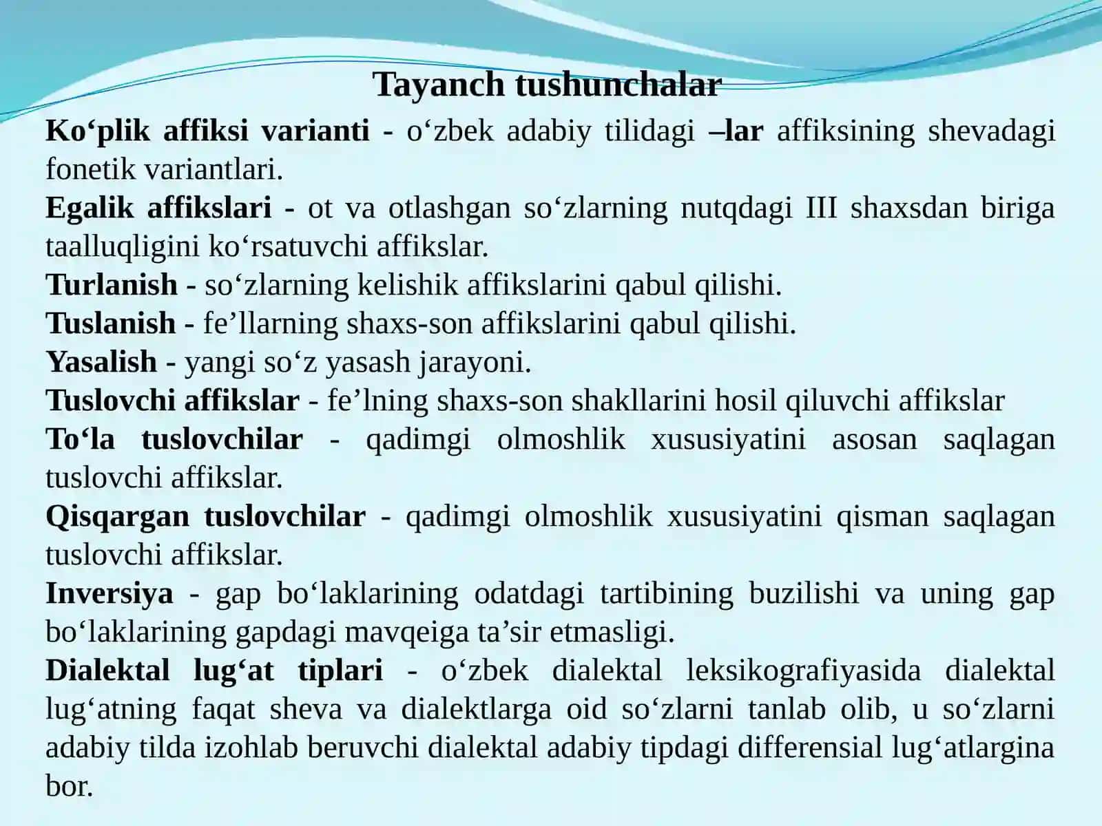 O‘zbek shevalarining grammatik xususiyatlari. Shevalarning morfologiyasi va sintaksisi. O‘zbek shevalari lug‘atchiligi. Dialektal lug‘atchilik tairixi. O‘zbek tili lahjalari 2