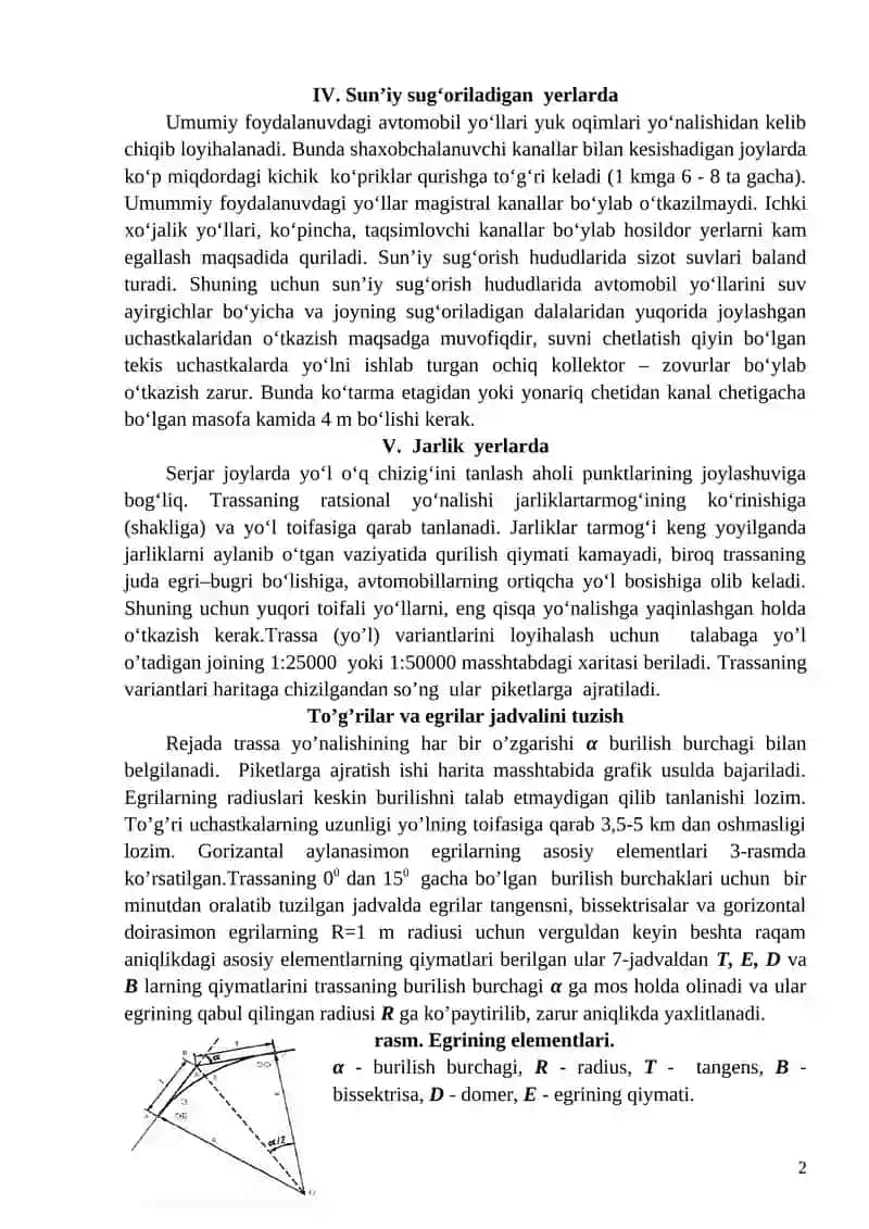 MURAKKAB SHAROITLI TOPOGRAFIK XARITADA YO’L VARIANTLARINI O’TQAZISH. TO’G’RILAR VA EGRILAR JADVALINI TUZISH 2