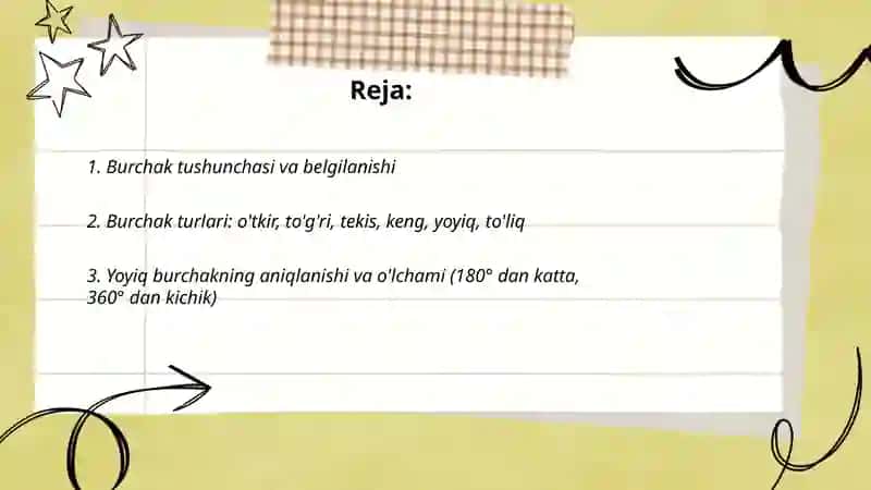 Burchak turlari. Yoyiq burchak 2