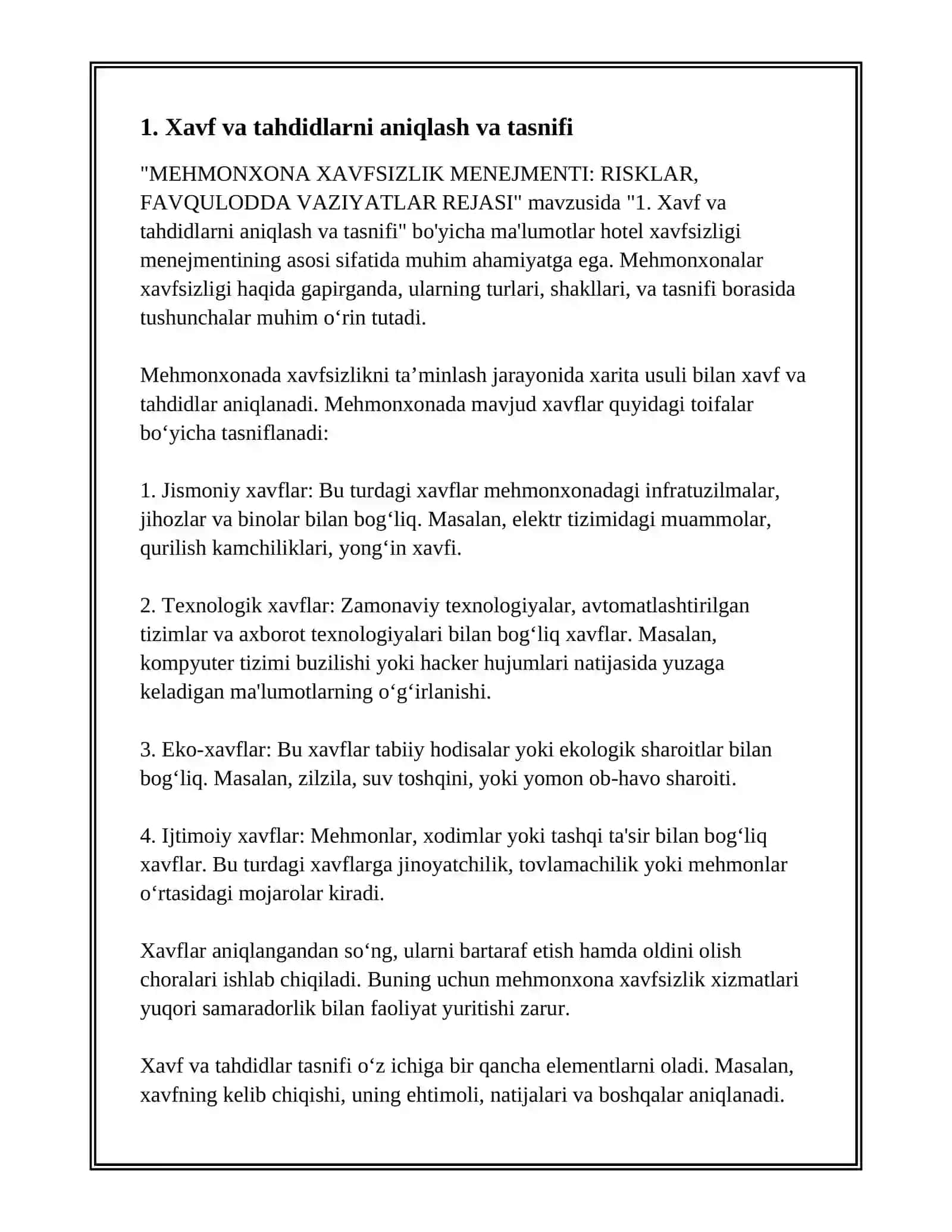 MEHMONXONA XAVFSIZLIK MENEJMENTI:RISKLAR, FAVQULODDA VAZIYATLAR REJASI 2