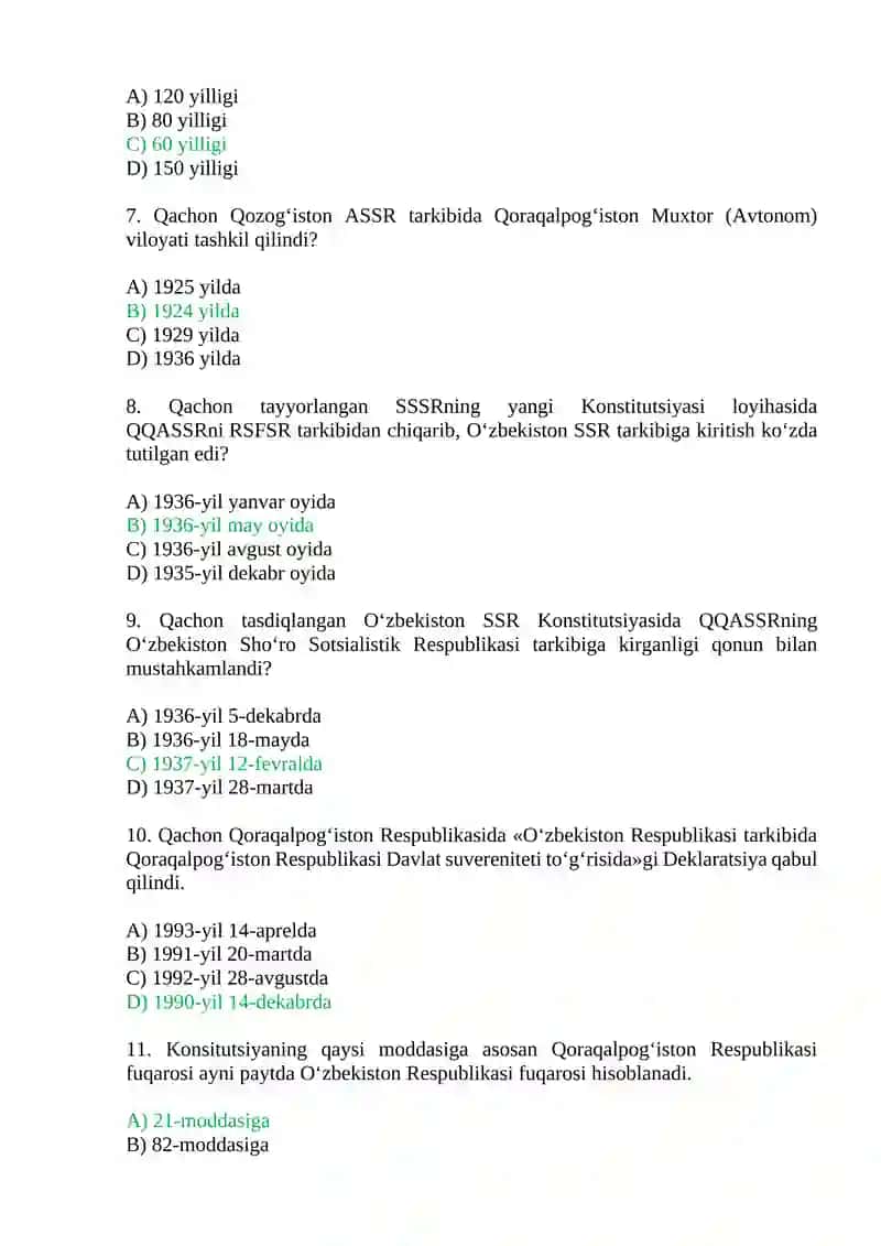 Mustaqillik yillarida Qoraqalpog‘iston Respublikasi.    Test savollari. 2