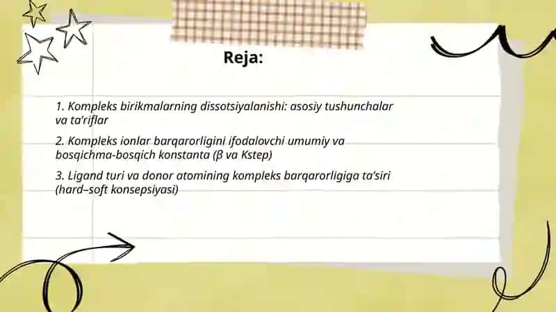 Kompleks birikmalarni dissotsiyanishi va kompleks ionlarning barqarorligini solishtirish 2