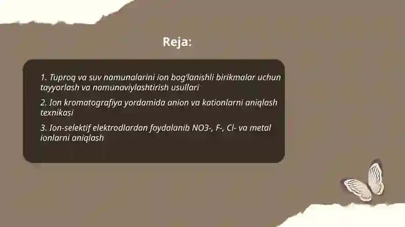 Tuproq va suvning ifloslanishida ion boglanishli birikmalarini aniqlab ulardan tozalash goyasini ishlab chiqish 2