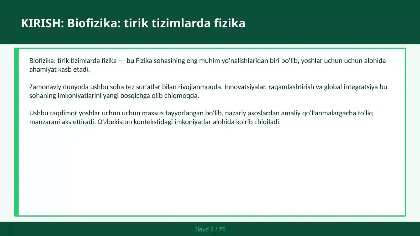 BIOFIZIKA: TIRIK TIZIMLARDA FIZIKA 2