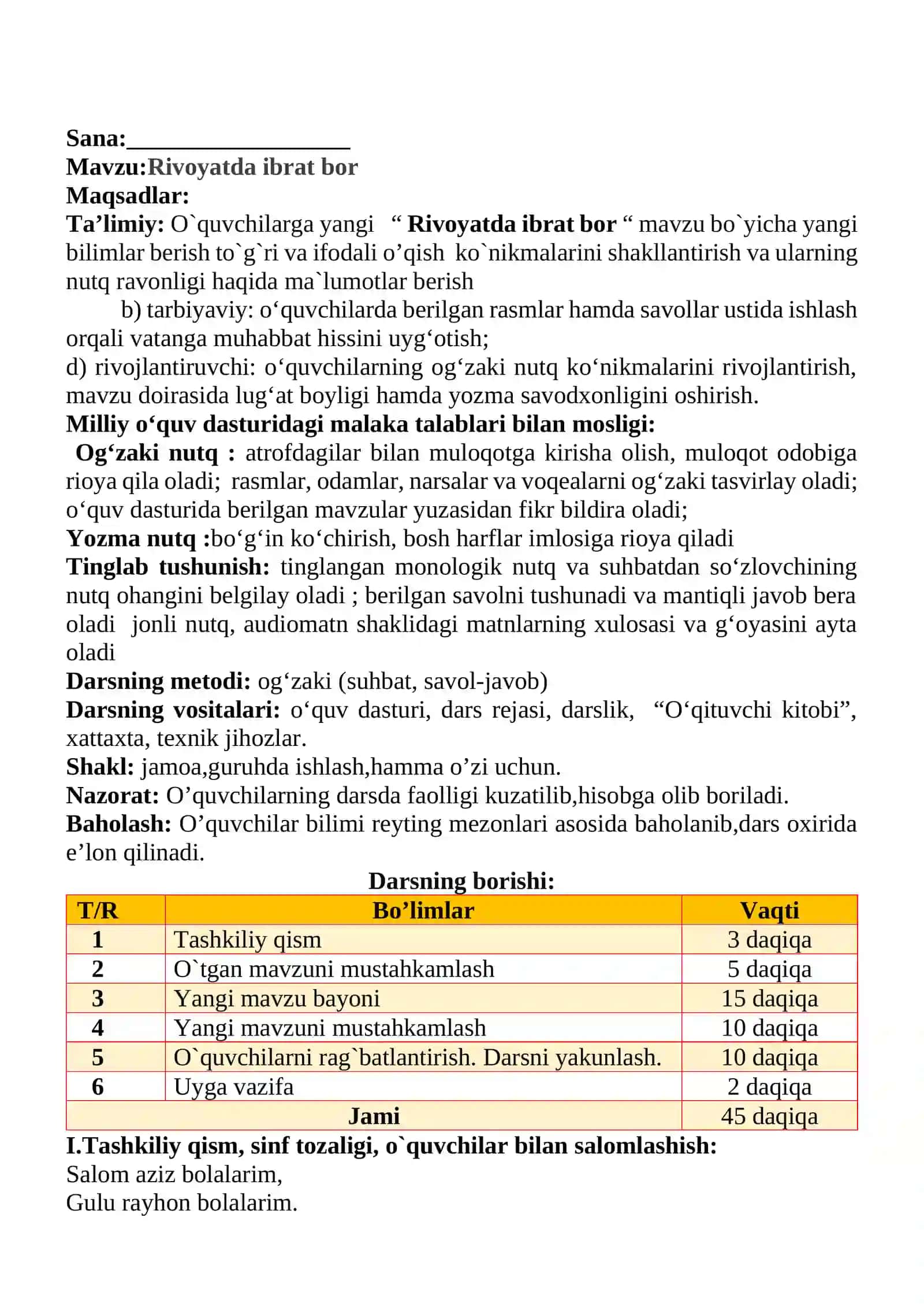 Rivoyatda ibrat bor 1-sinf o'qish savodxonligi dars ishlanmasi 2