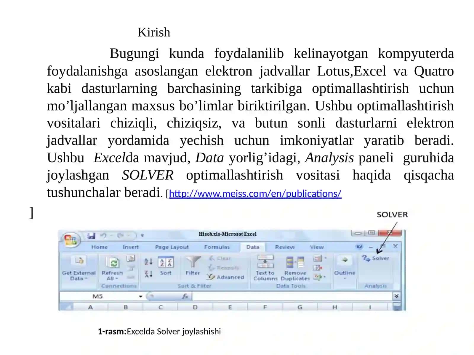 MS Excel dasturi imkoniyatlaridan foydalanib kimyo injineringida muammoli vaziyatni echish 2
