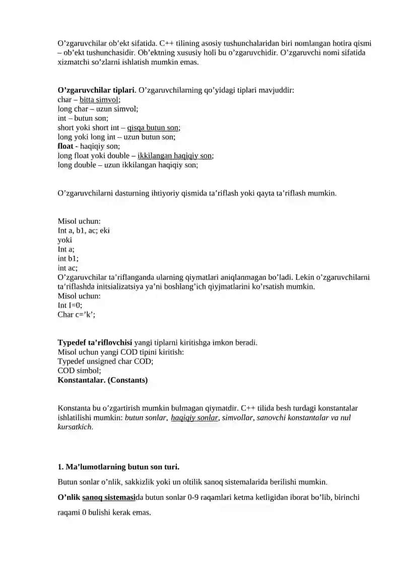 Typedef tipini aniqlanishi. Konstantalar. 2