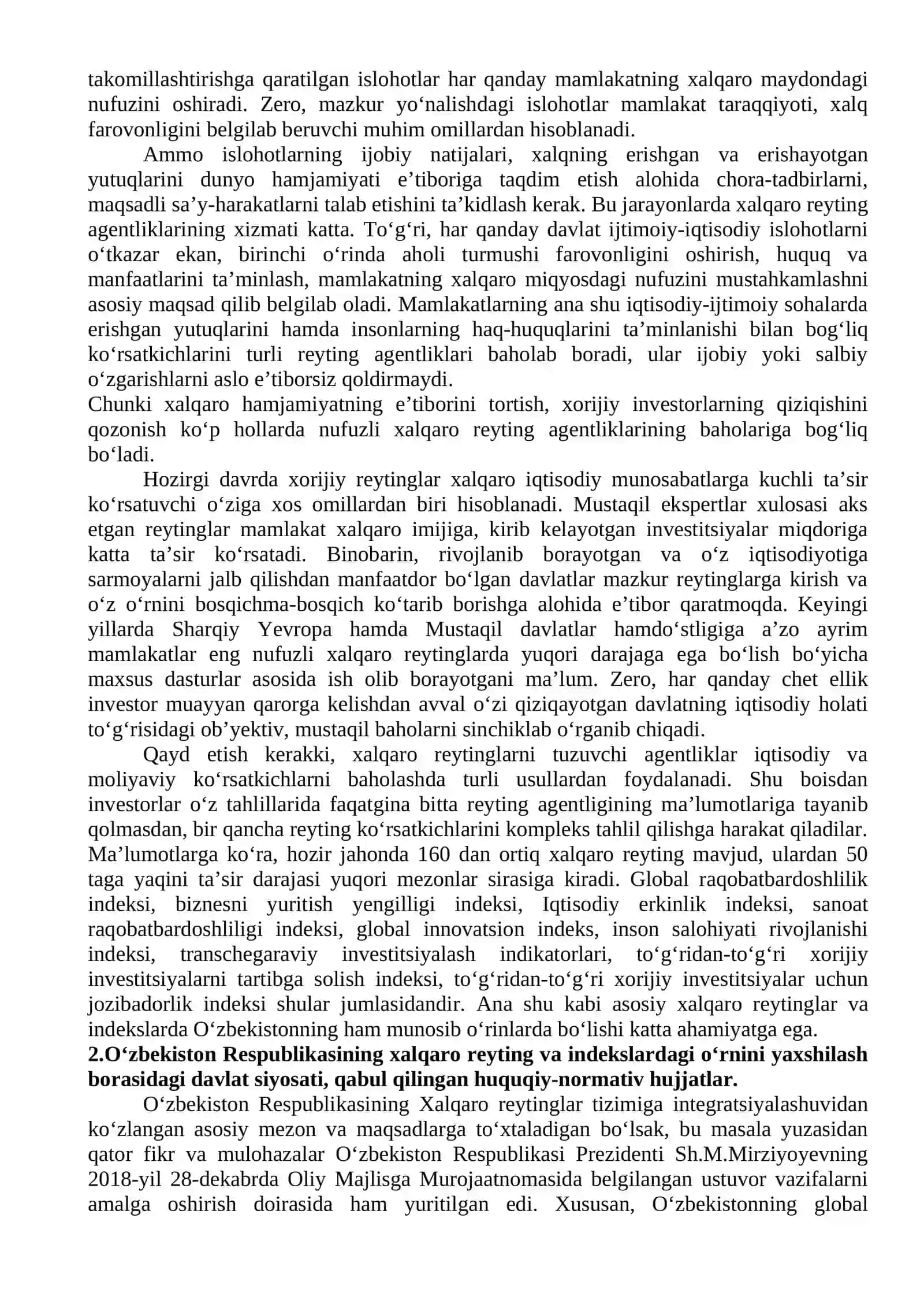 YANGI OʻZBEKISTON IJTIMOIY-SIYOSIY, IQTISODIY VA MADANIY HAYOTIDA ROʻY BERAYOTGAN OʻZGARISHLARNING XALQARO REYTING VA INDEKSLARDA AKS ETISHI 2
