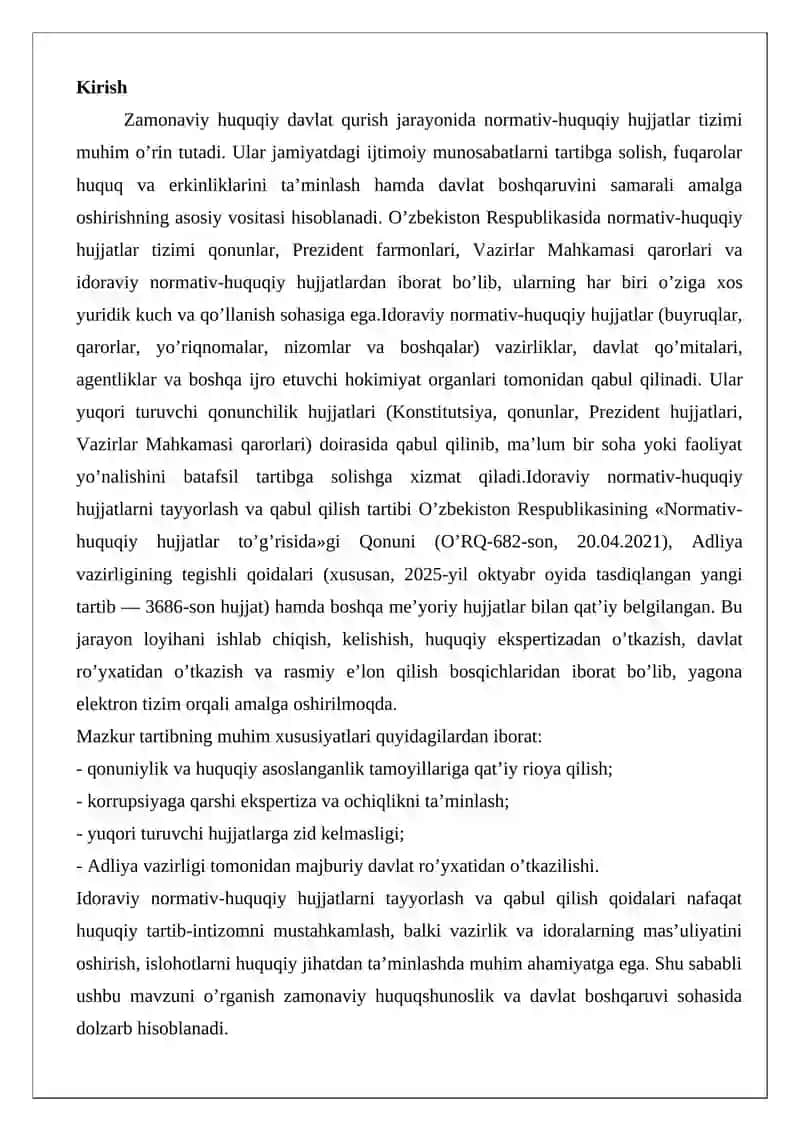 Idoraviy normativ-huquqiy hujjatlarni tayyorlash va qabul qilish qoidalari 2