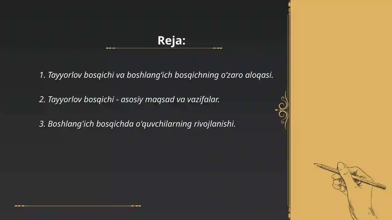 Tayyorlov, boshlangʻich, asosiy bosqichlar farqini tushuntirib bering 2