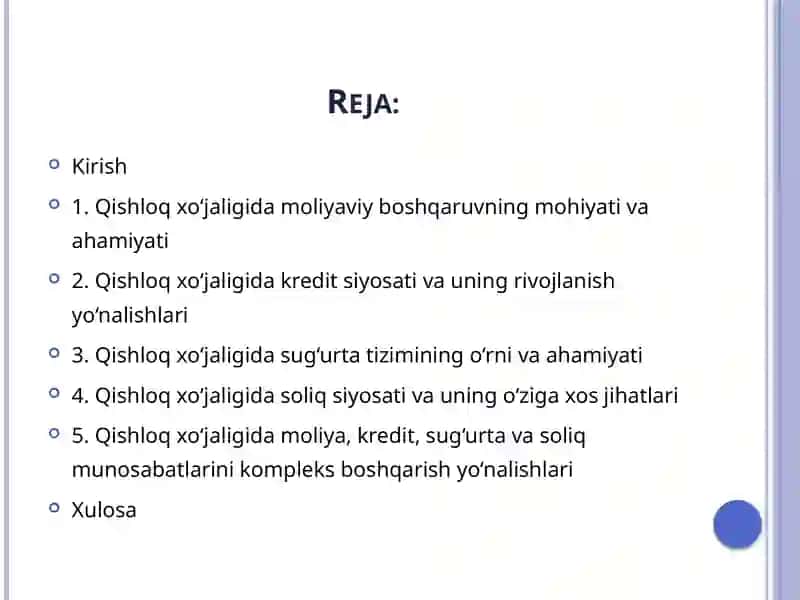 Qishloq xo‘jaligida moliya, kredit, sug‘urta va soliq munosabatlarini boshqarish 2