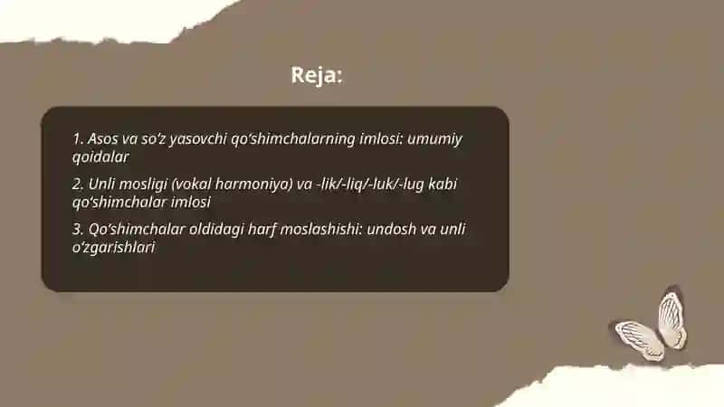 Asos va qoʻshimchalar(soʻz yasovchi qoʻshimchalar boʻyicha) imlosi 2