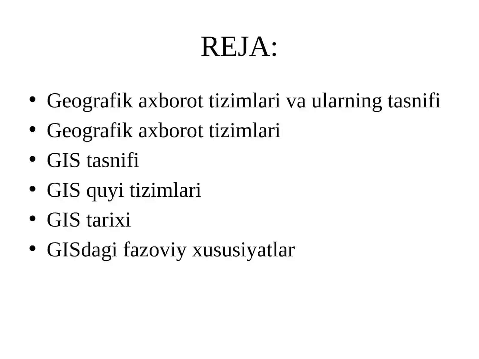 Geografik axborot tizimlariga kirish. GISning asosiy komponentlari va ularning funksionalligi. Geografik axborot tizimlarining rivojlanish tarixi. GISda fazoviy ma'lumotlarni tahlil qilish va talqin qilish usullari 2