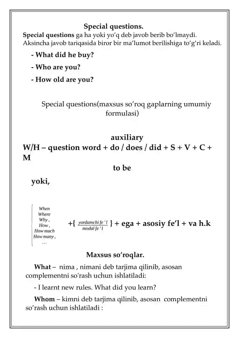 Maxsus so’roq gaplar(W/h questions) 2