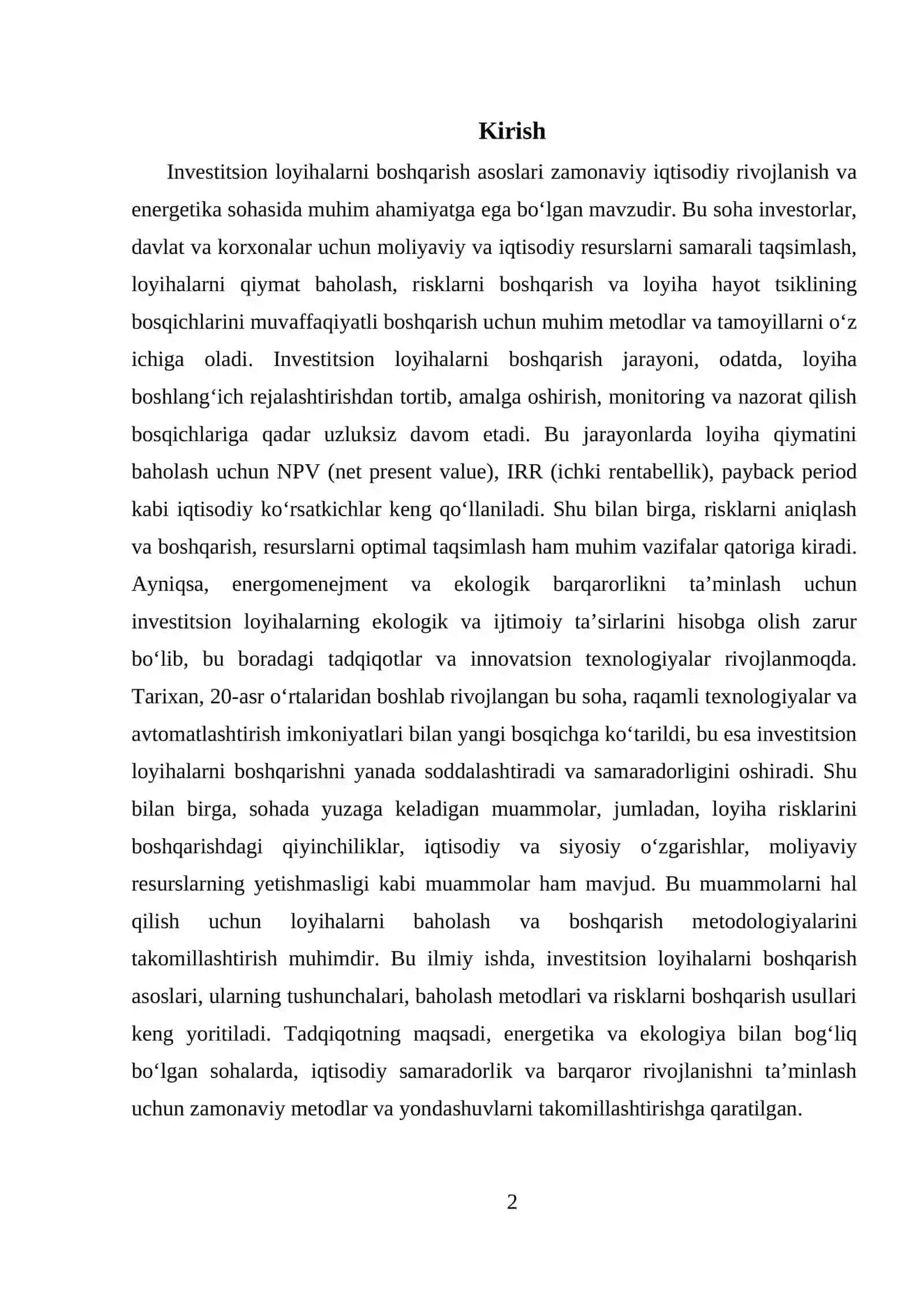 INVESTITTSION LOYIHALARNI BOSHQARISH ASOSLARI 2