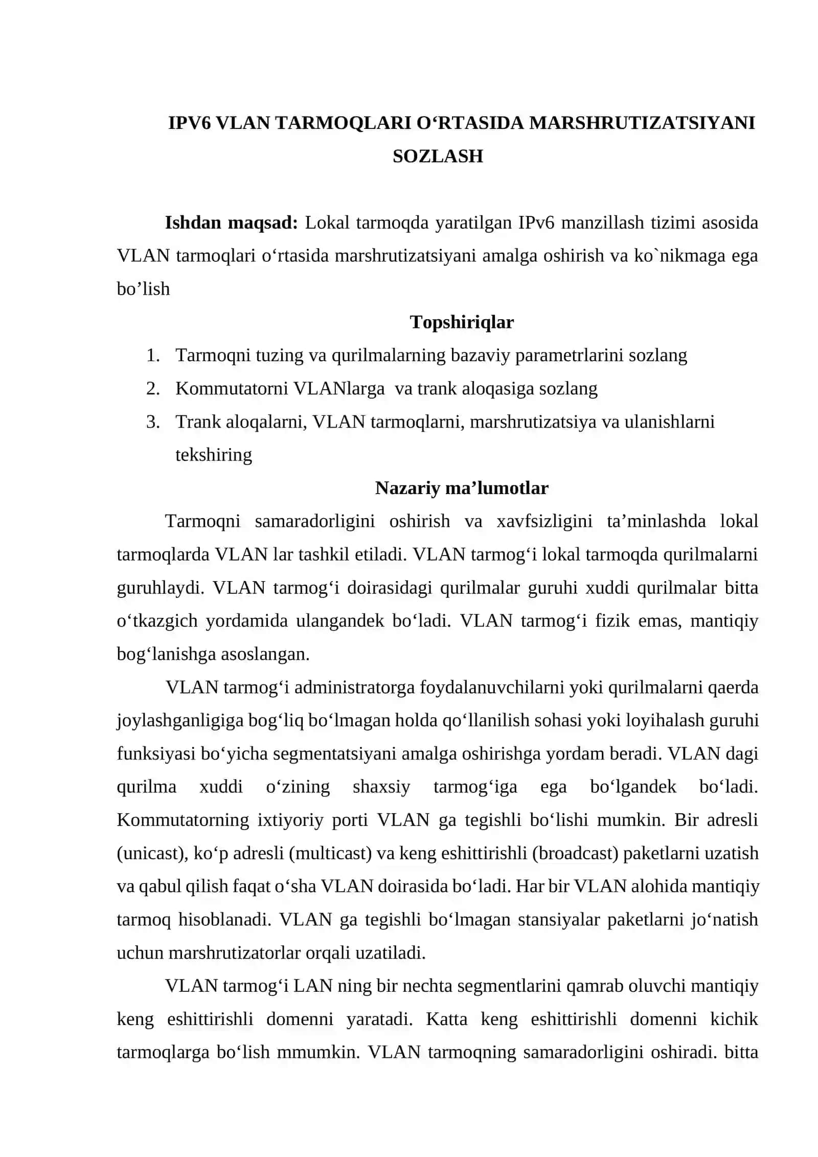 IPV6 VLAN TARMOQLARI O‘RTASIDA MARSHRUTIZATSIYANI SOZLASH 2
