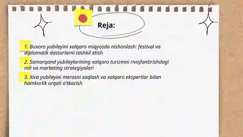 Tarixit shaharlar (Buxoro, Samarqand, Marg'ilon, Qarshi, Toshkent, Xiva, Shahrisabz) yubileylarining xalqaro miqyosda keng nishonlanishi 2