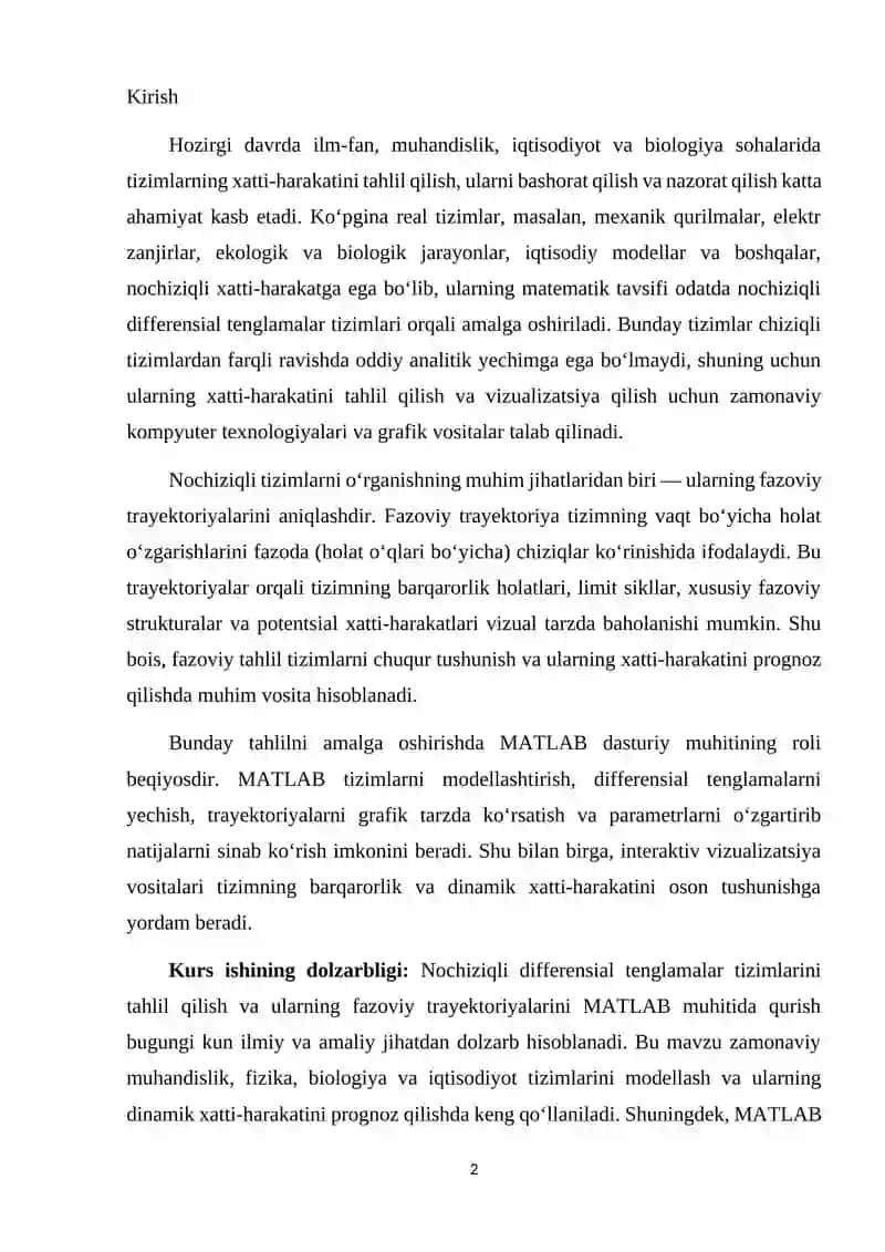 Nochiziqli differensial tenglamalar tizimining fazoviy trayektoriyasini MATLAB muhitida qurish 2