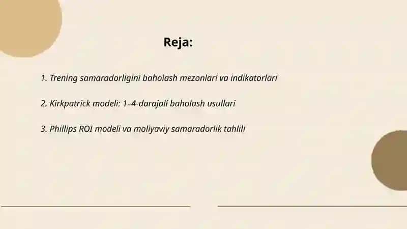Treninglar samaradorligini baholash usullari 2