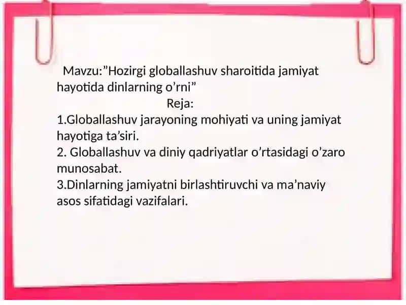 Globallashuvsharoitidagi jamiyathayotidagi dinlarning o'rni 2
