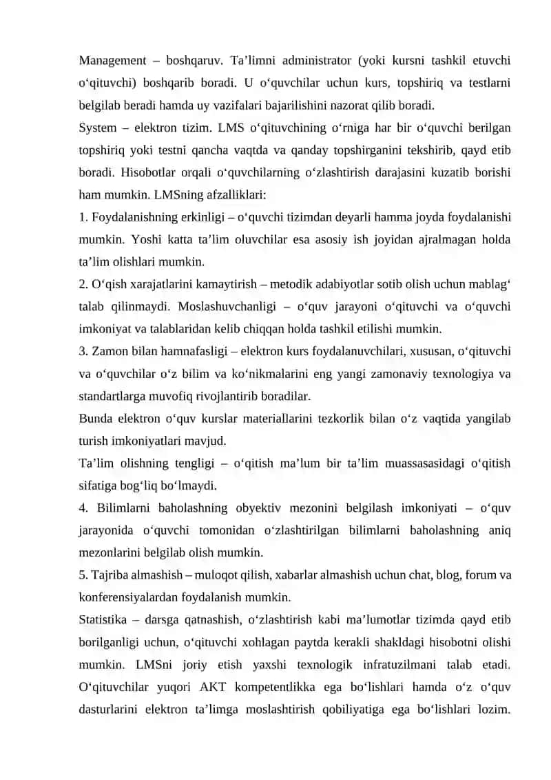 LMS (learning management systems – ta’limni boshqaruv tizimlari) imkoniyatlarini rivojlantirish 2