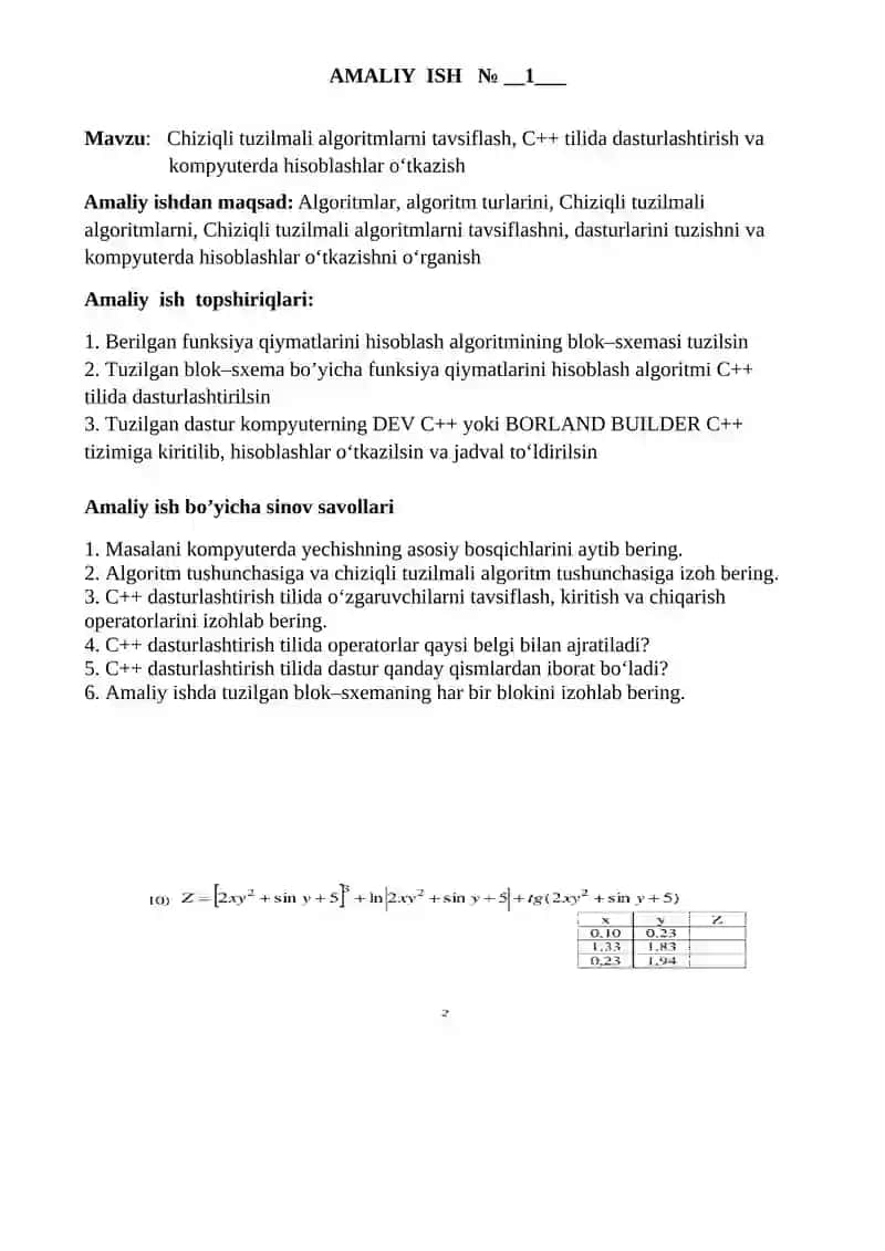 Chiziqli tuzilmali algoritmlarni tavsiflash, C++ tilida dasturlashtirish va kompyuterda hisoblashlar o‘tkazish 2