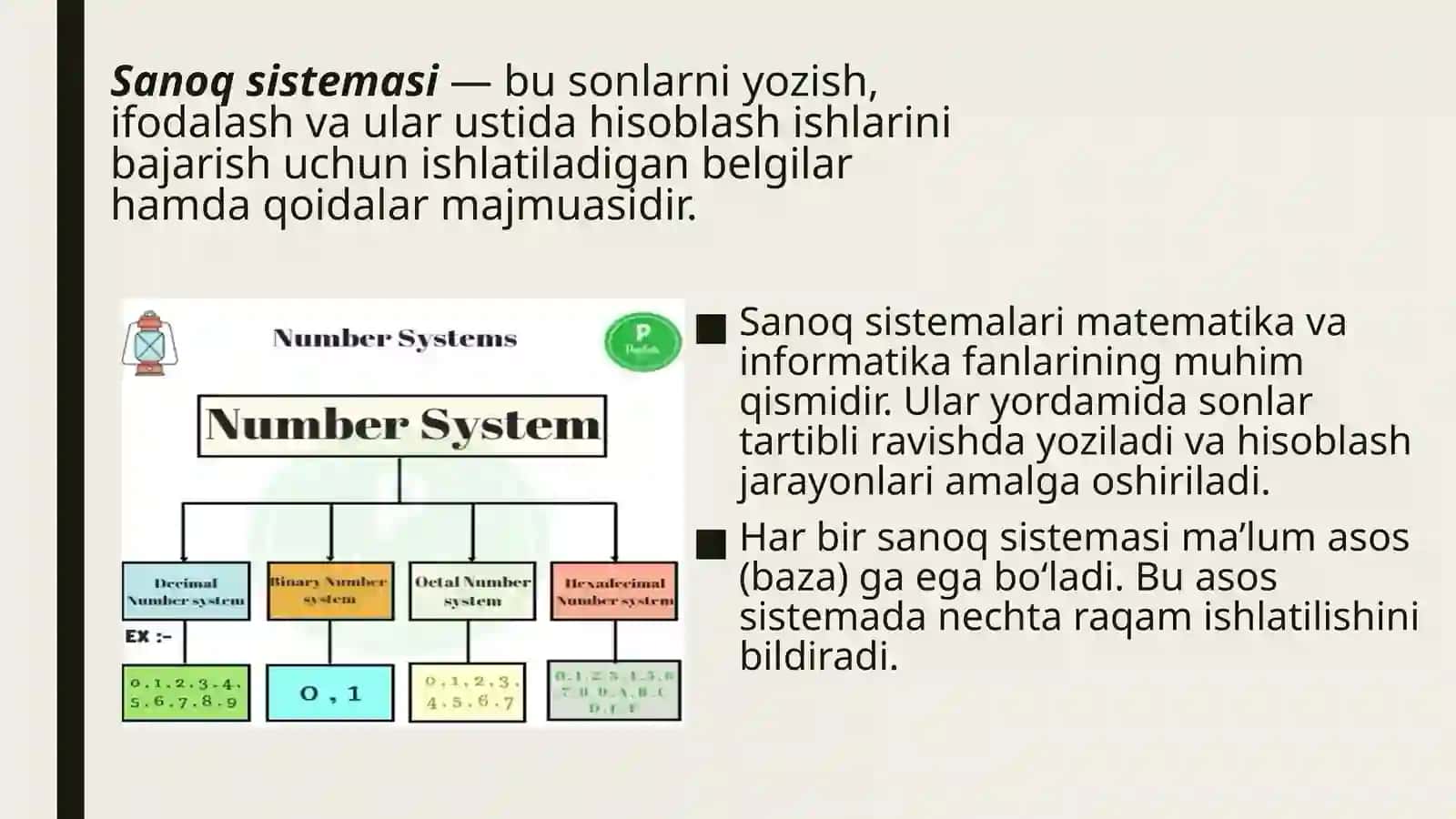 Sanoq sistemalari va ular ustida amallar (19 slaydli prezentatsiya, informatika) 2